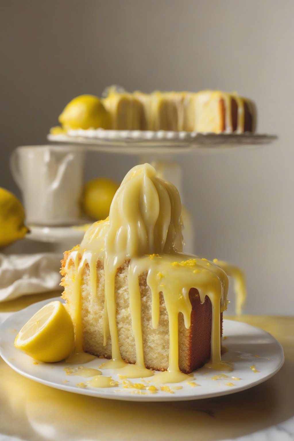 A high-resolution photo of lemon banana cake with bright yellow glaze drips and zest flecks, under soft lighting.