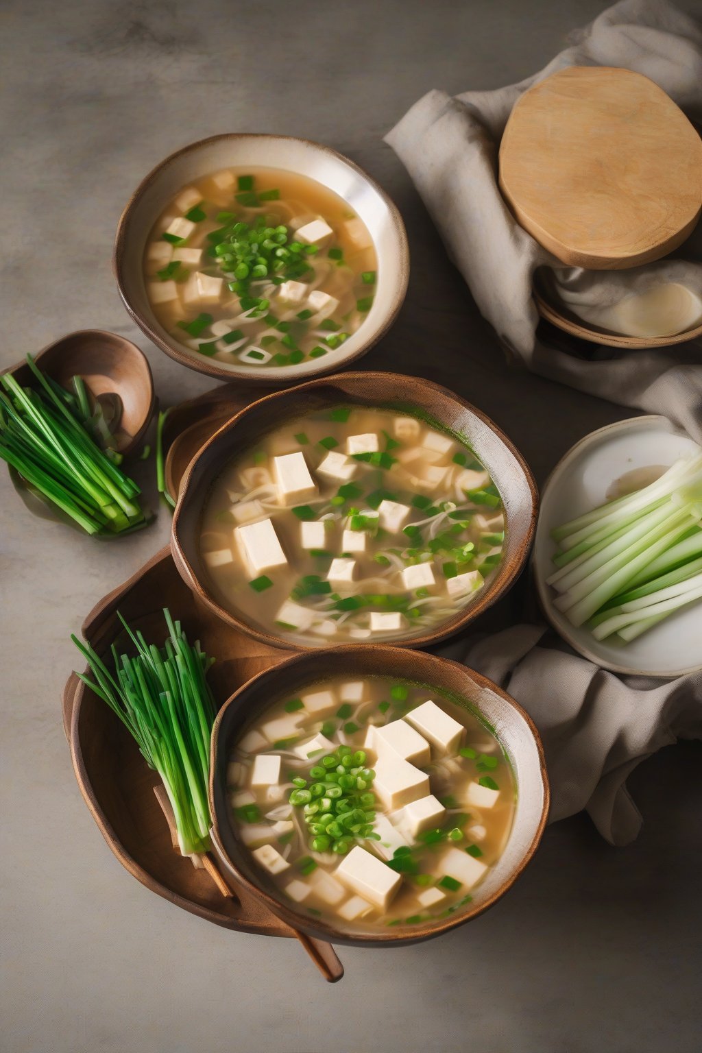 A high-resolution photo of classic silky tofu miso soup in a rustic bowl, garnished with green onions, under soft lighting.