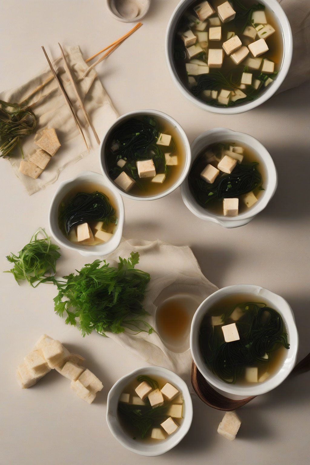A high-resolution photo of wakame and tofu miso soup with seaweed strands and tofu cubes in clear broth, under soft lighting.