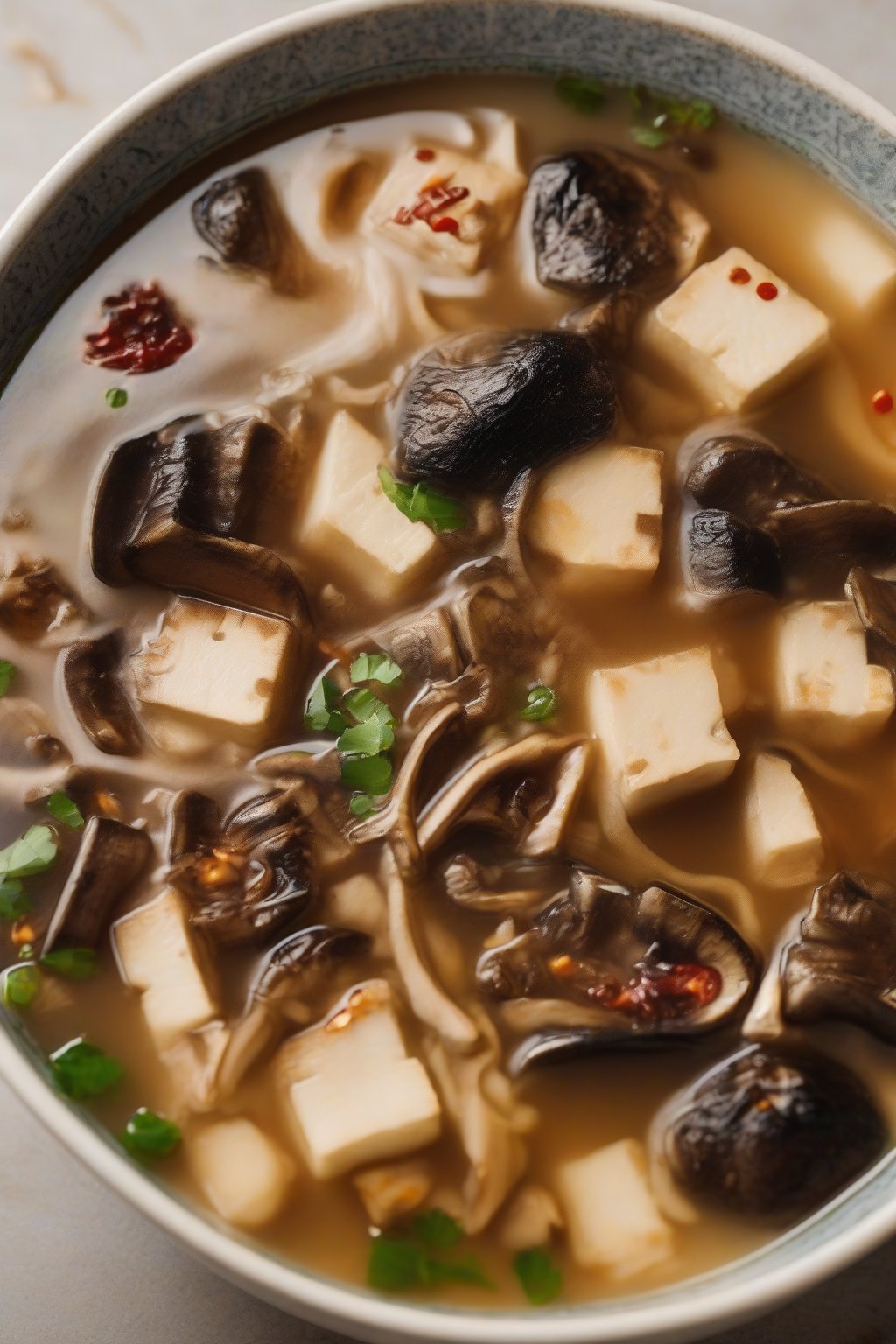 A high-resolution photo of spicy mushroom tofu miso soup steaming with red chili flecks and dark shiitake, under soft lighting.