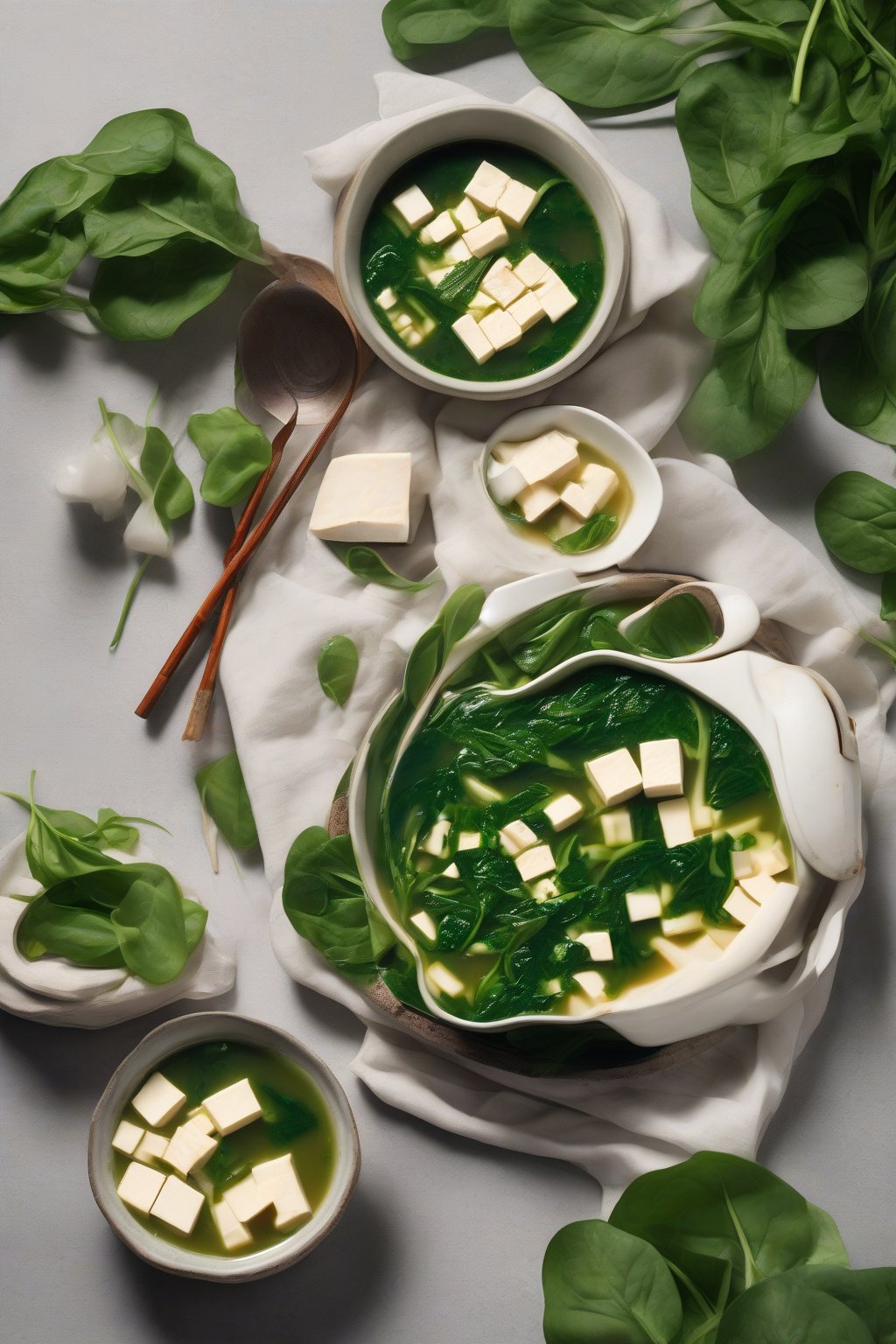 A high-resolution photo of spinach and tofu miso soup with vibrant green leaves and white tofu, under soft lighting.