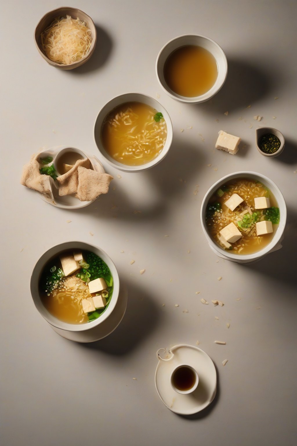 A high-resolution photo of ginger-infused tofu miso soup with grated ginger flecks and tofu, under soft lighting.