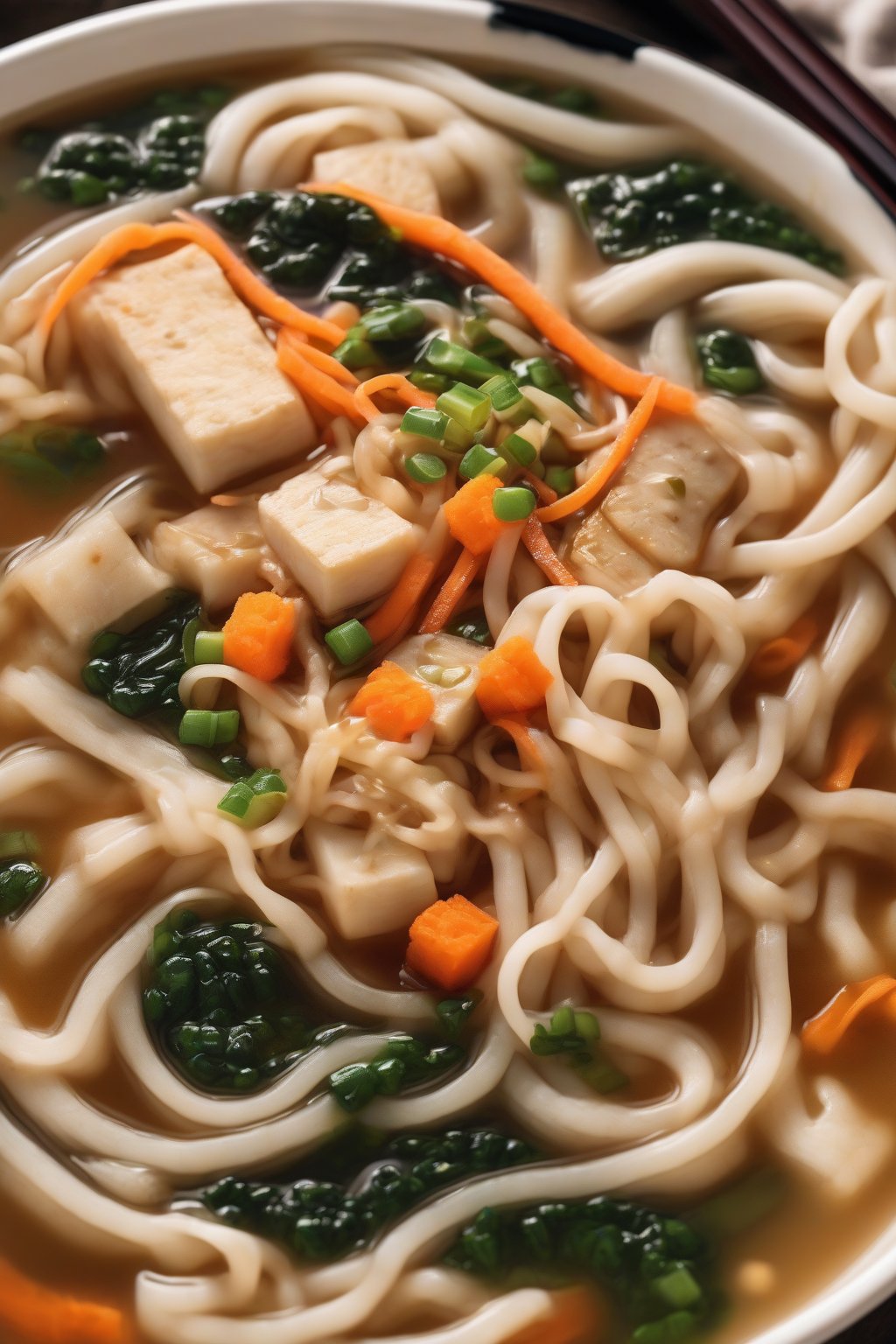 A high-resolution photo of udon noodle tofu miso soup with tangled noodles and carrot strips, under soft lighting.