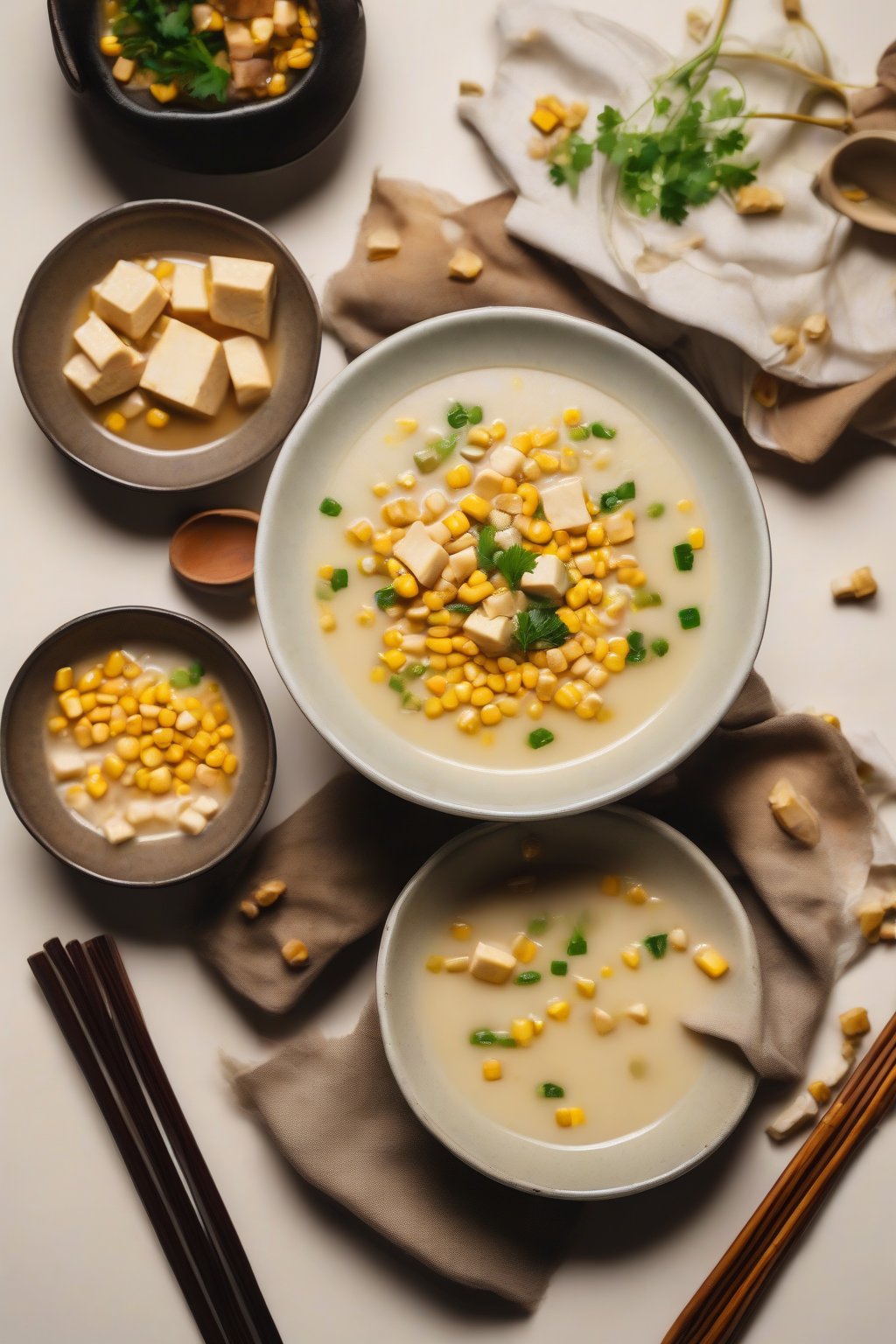 A high-resolution photo of corn and tofu creamy miso soup with golden kernels and smooth broth, under soft lighting.