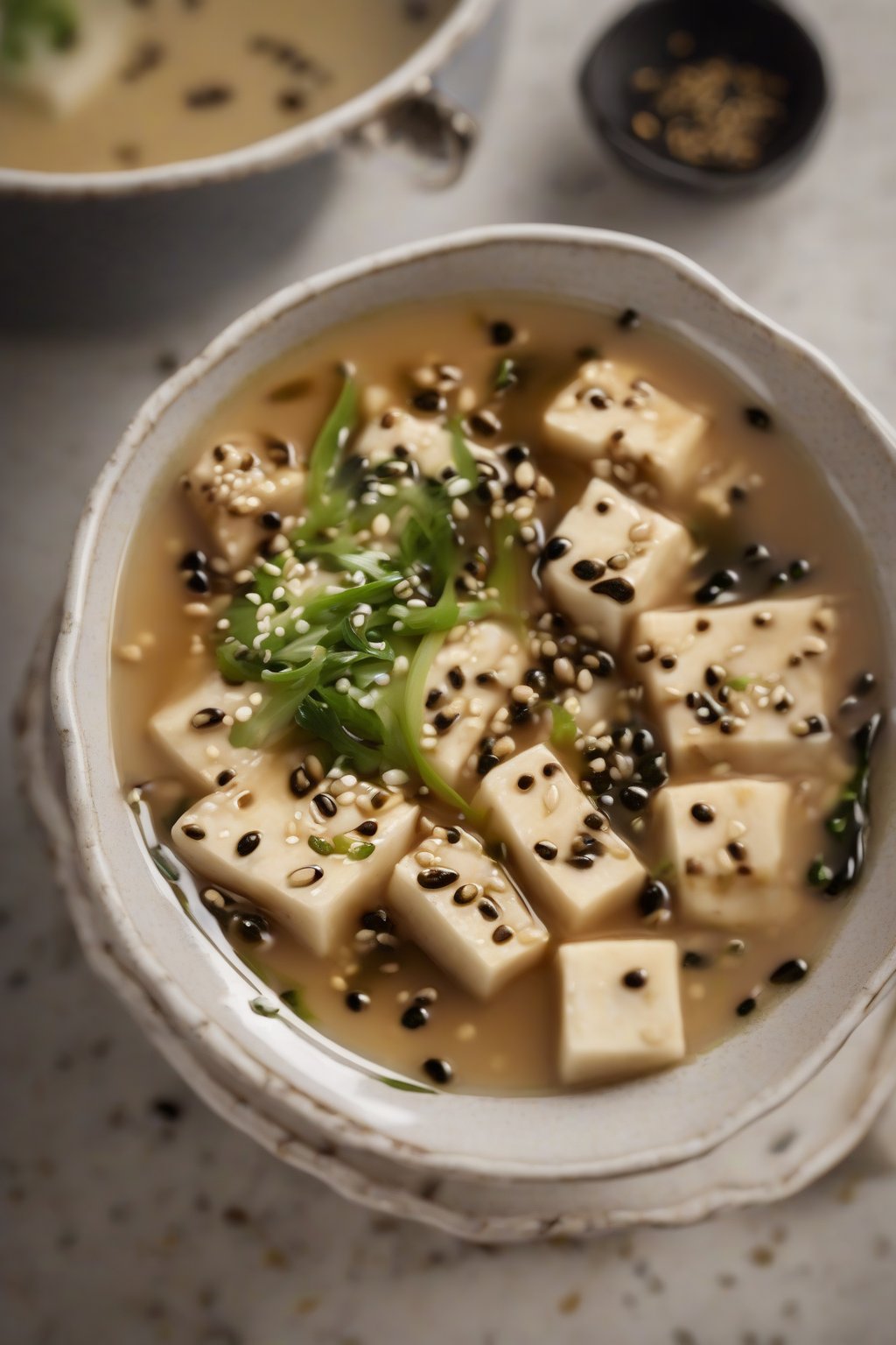A high-resolution photo of sesame tofu miso soup drizzled with oil and sprinkled seeds, under soft lighting.