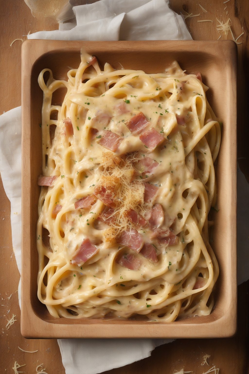 A high-resolution photo of square tonarelli carbonara on a wooden board, creamy sauce coating edges with pecorino shavings, under soft lighting.
