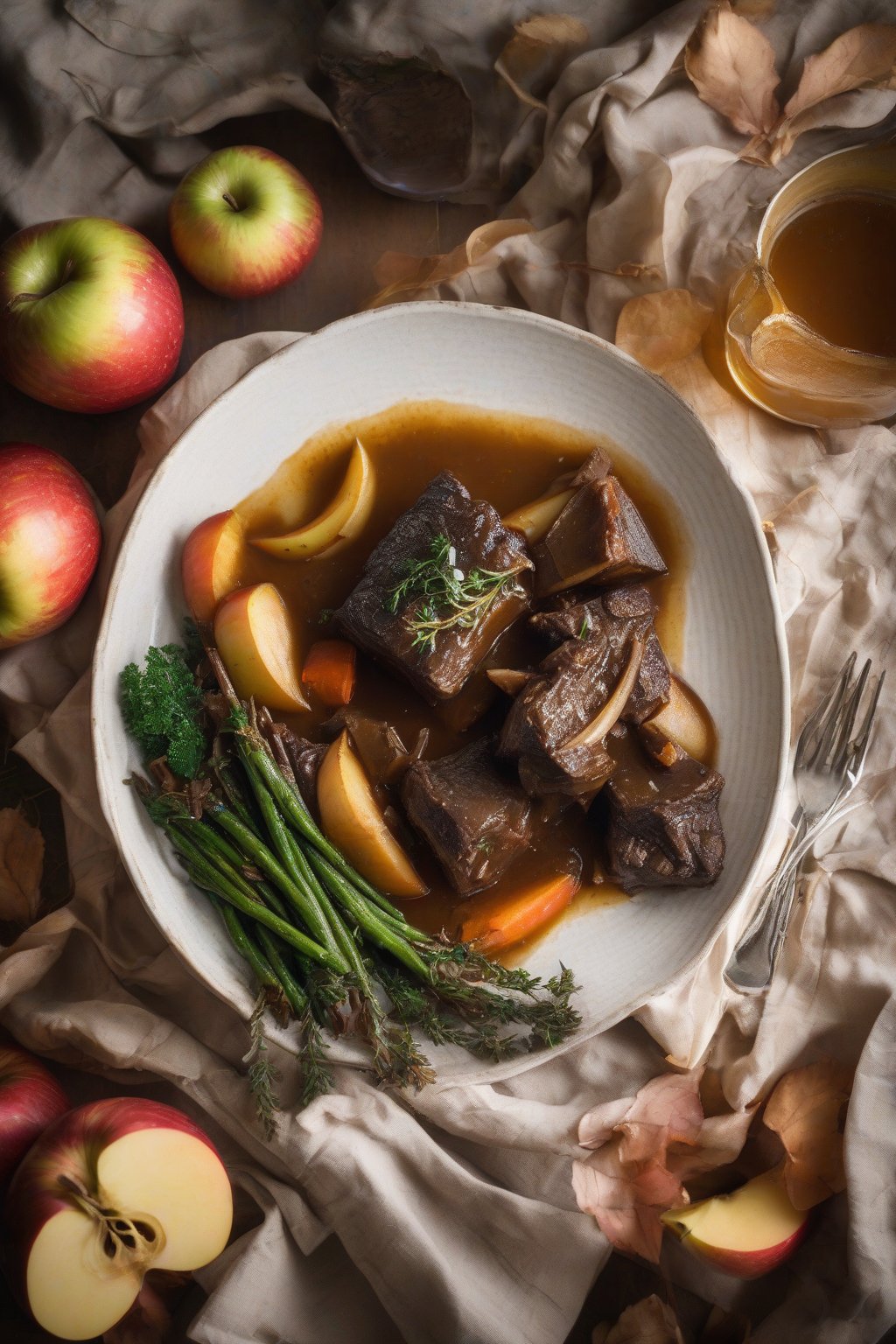 A high-resolution photo of apple cider braised short ribs, nestled with apples and root veggies in a golden sauce, under soft lighting.