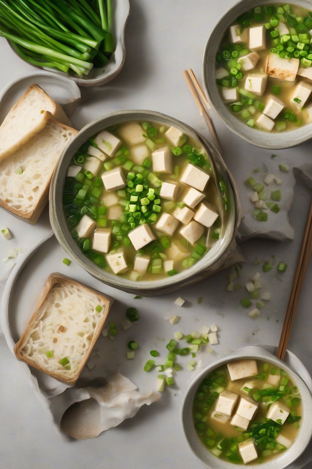 A high-resolution photo of green onion tofu miso soup loaded with fresh scallions and tofu cubes, under soft lighting.