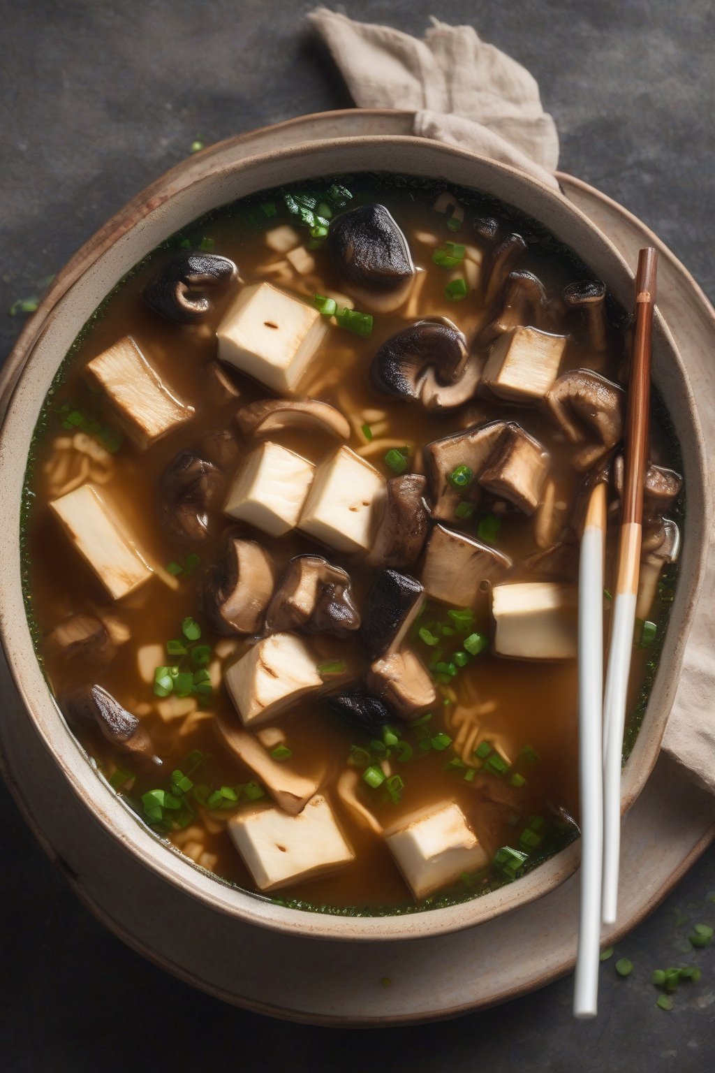 A high-resolution photo of shiitake umami tofu miso soup with meaty mushrooms and soft tofu, under soft lighting.