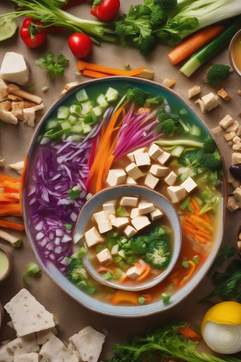 A high-resolution photo of veggie-packed rainbow tofu miso soup with colorful vegetables and tofu, under soft lighting.