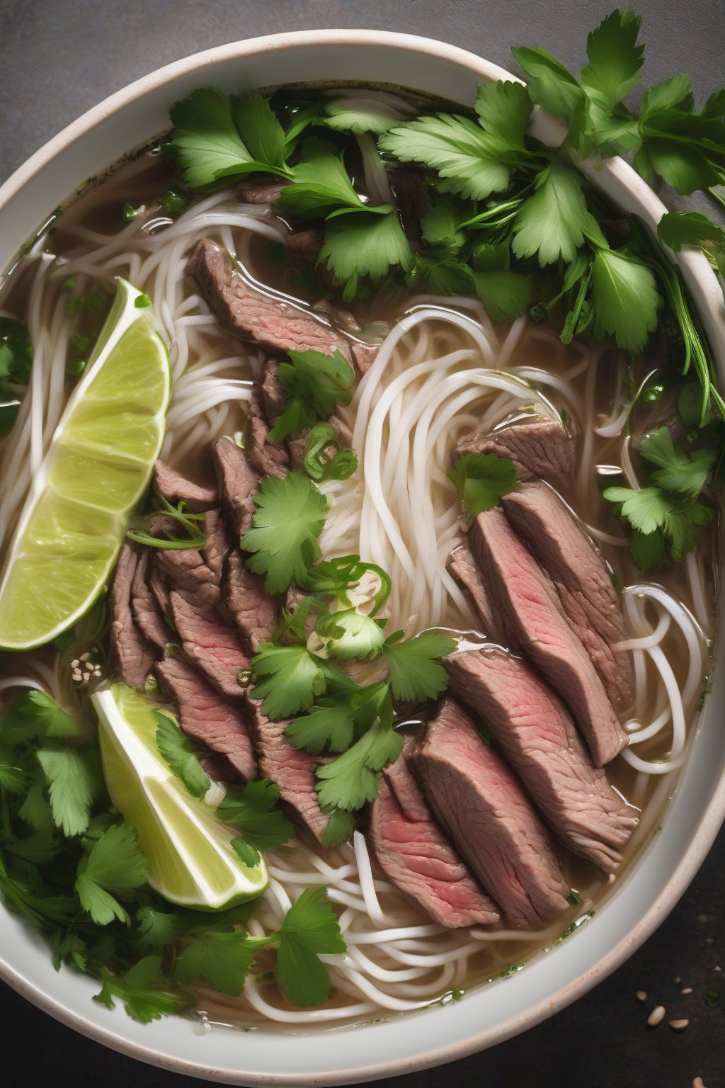 A high-resolution photo of steaming bowl of classic beef pho with thin beef slices, fresh herbs, and lime wedges under soft lighting.