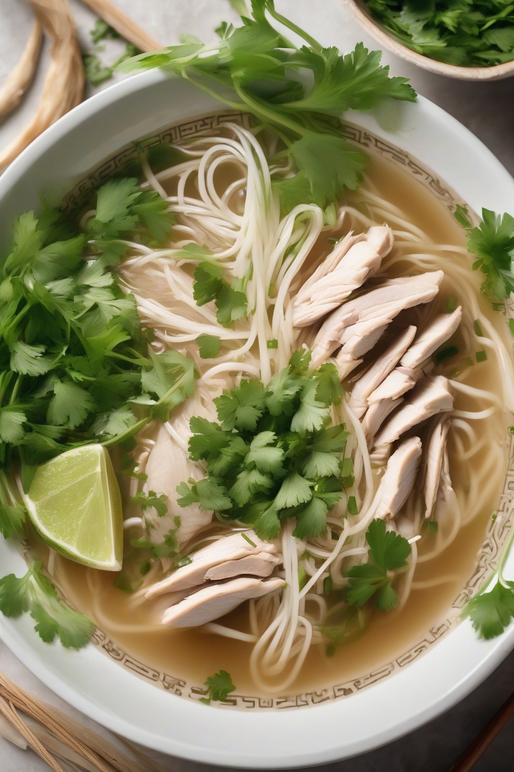 A close-up photo of chicken pho garnished with scallions and cilantro in a white bowl under soft lighting.