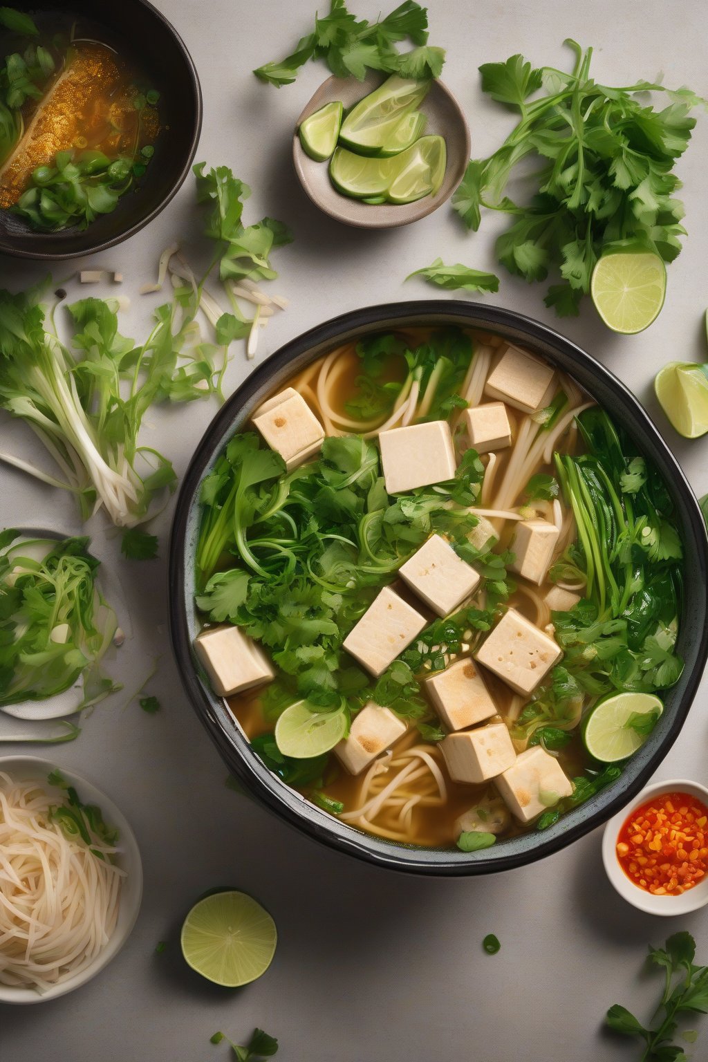 A high-resolution photo of vegetarian tofu pho with golden tofu cubes and vibrant greens under soft lighting.