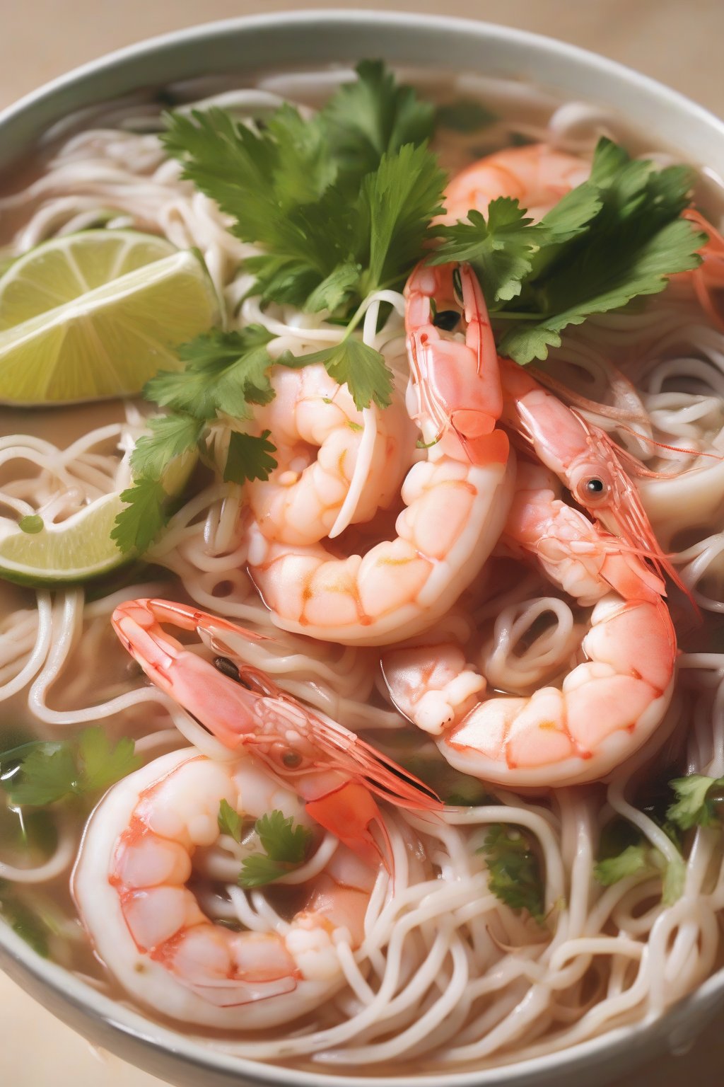 A close-up photo of seafood pho featuring pink shrimp and squid rings atop noodles under soft lighting.