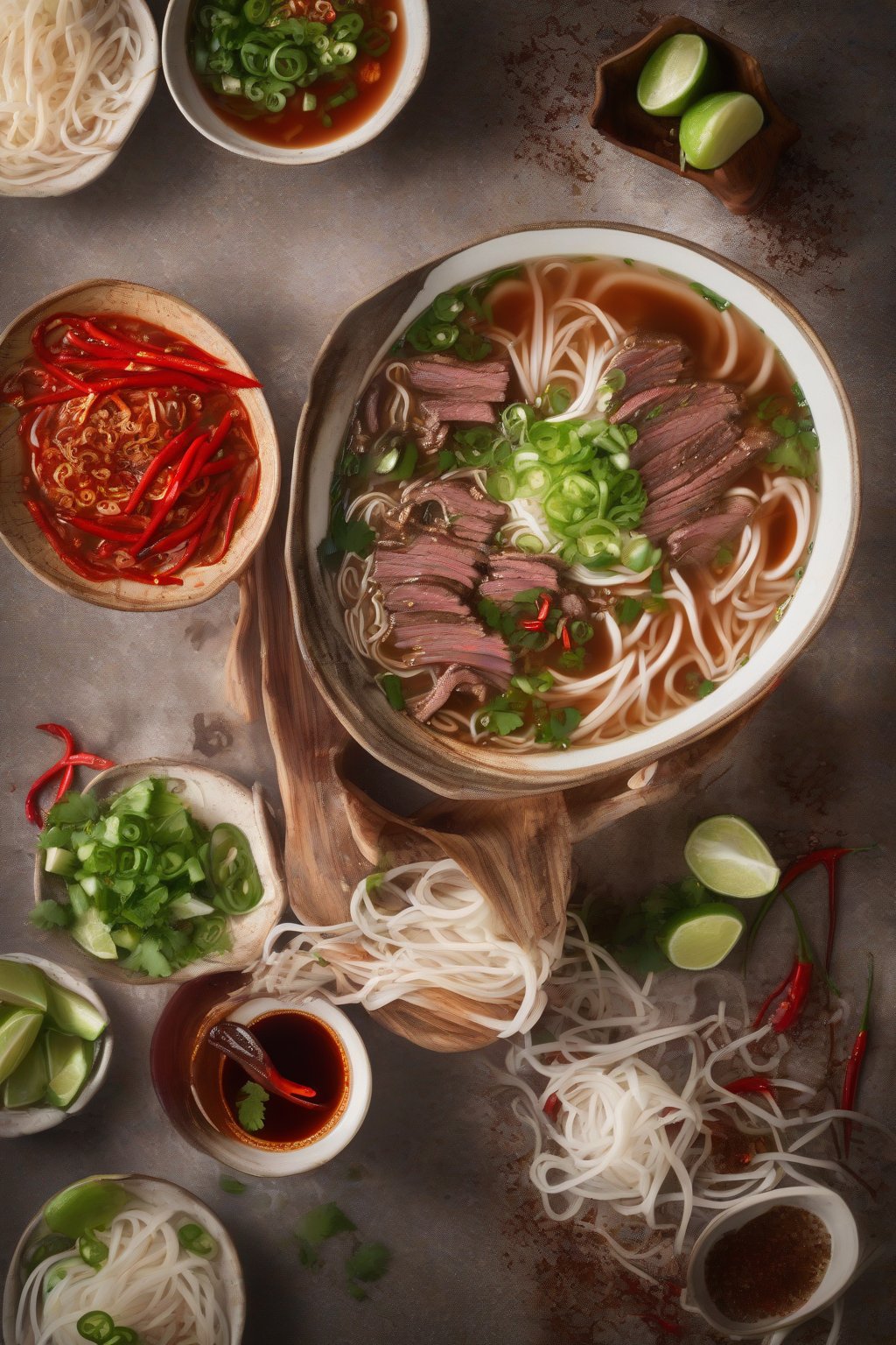 A high-resolution photo of spicy Sriracha beef pho with red chili flecks and steaming broth under soft lighting.