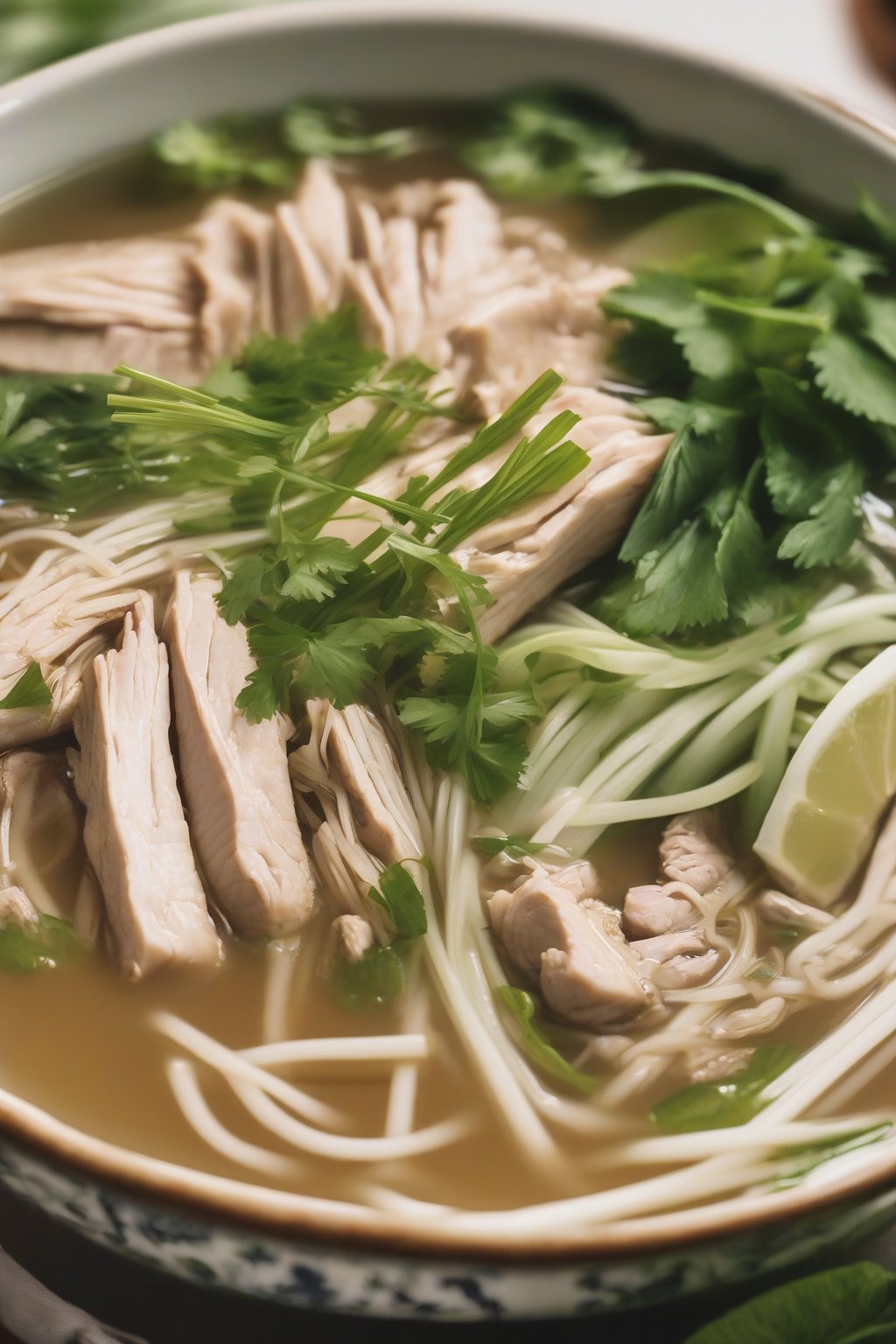 A close-up photo of lemongrass chicken pho with green stalks visible in golden broth under soft lighting.