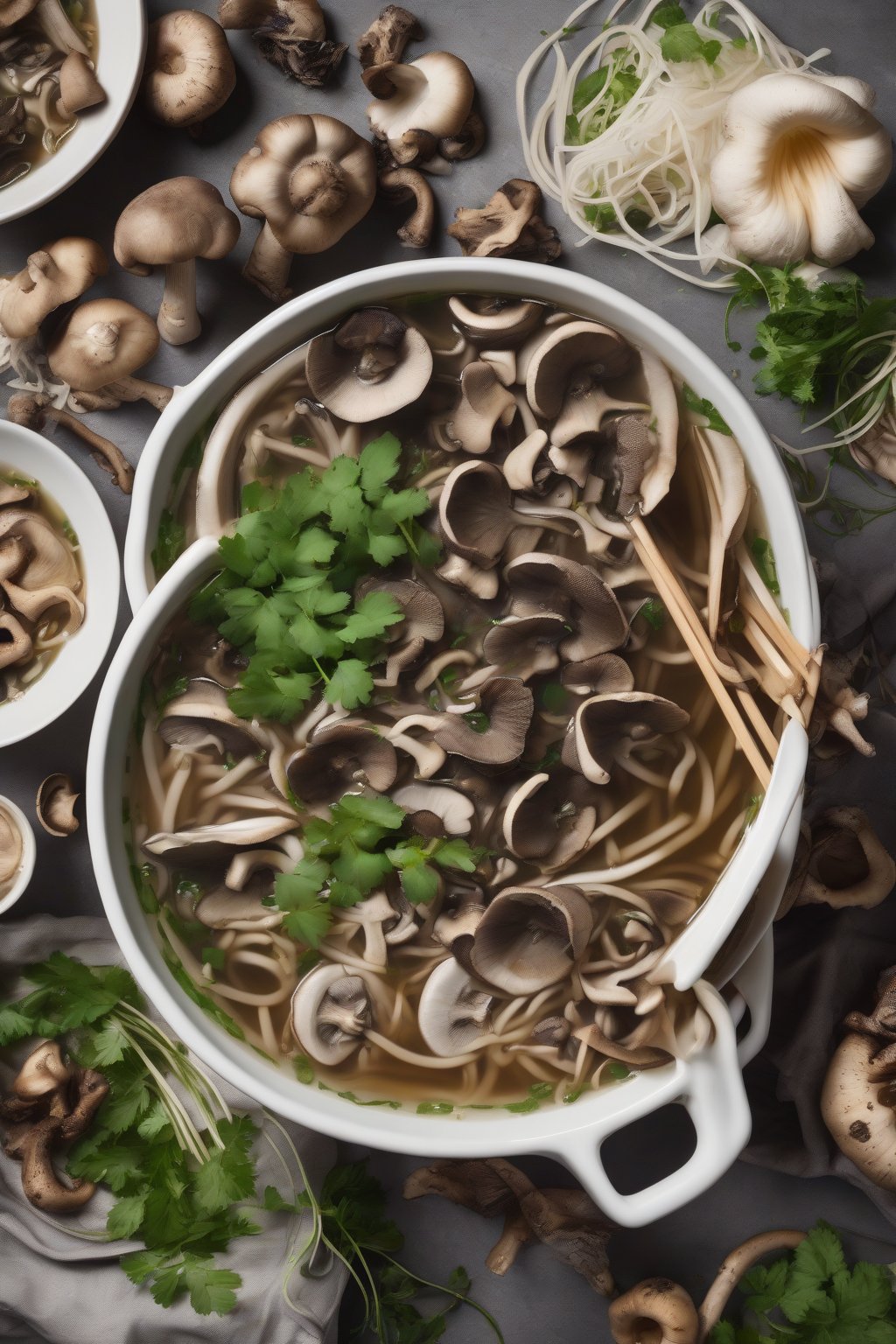 A high-resolution photo of mushroom pho piled high with wild mushrooms and herbs under soft lighting.