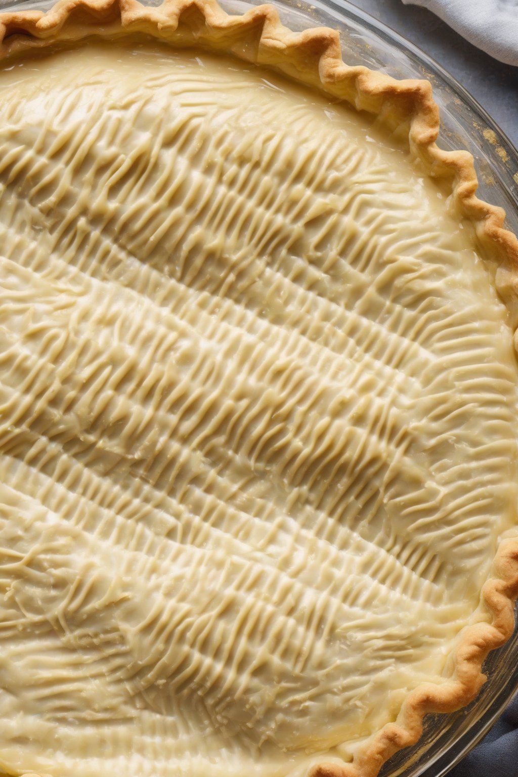 A high-resolution photo of a golden, flaky all-butter pie crust in a glass pie dish, edges crimped perfectly, under soft lighting.