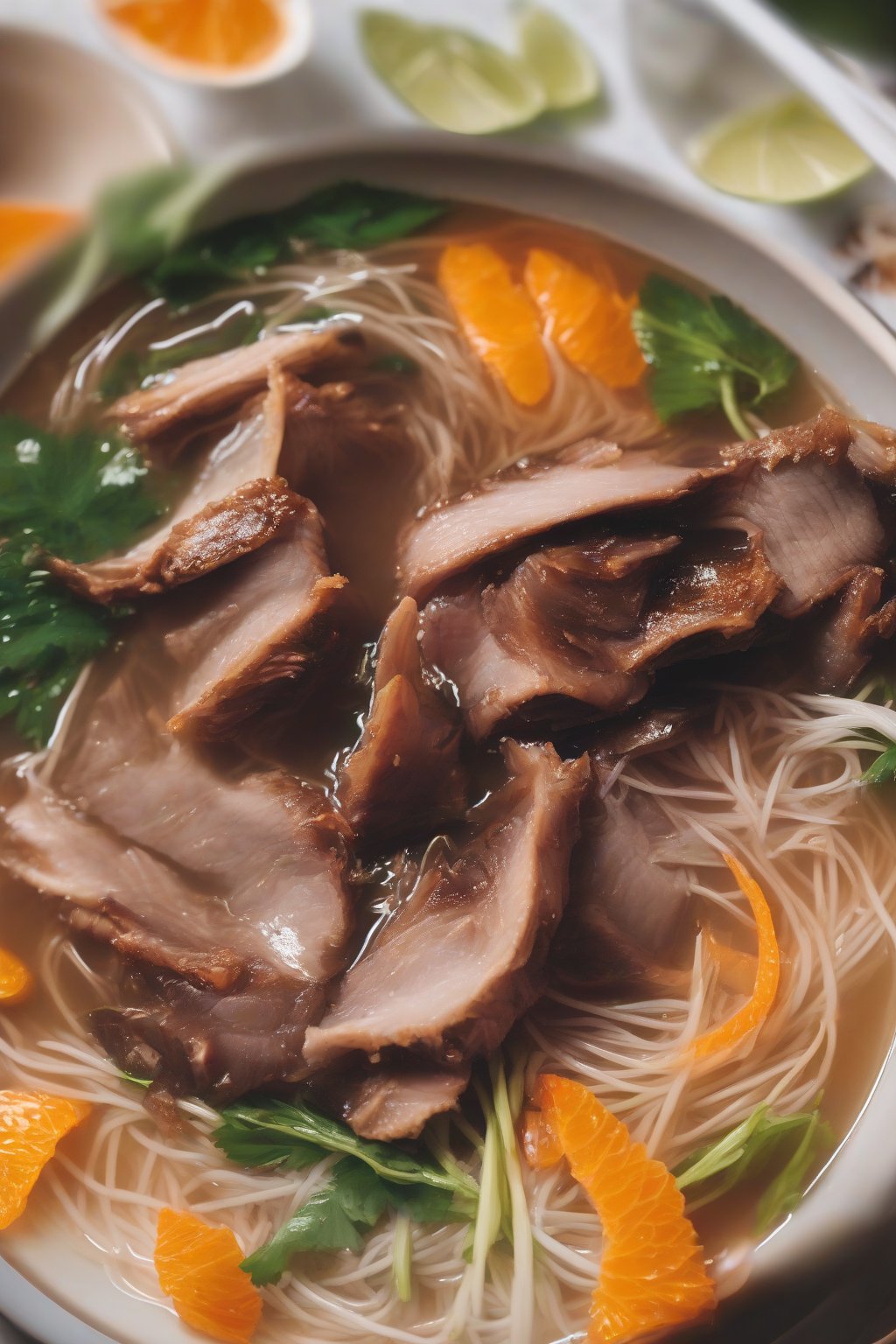 A close-up photo of duck pho showcasing crispy duck skin and orange accents under soft lighting.