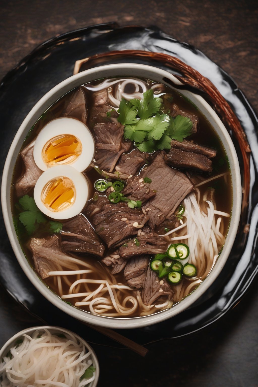 A high-resolution photo of short rib pho with tender meat chunks in dark broth under soft lighting.