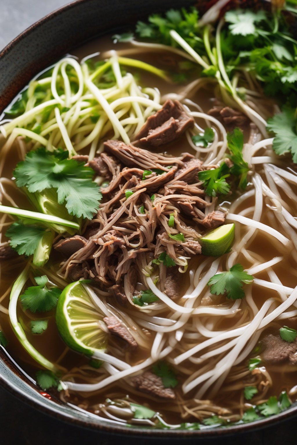 A close-up photo of jackfruit pho with shredded "beef" and fresh garnishes under soft lighting.