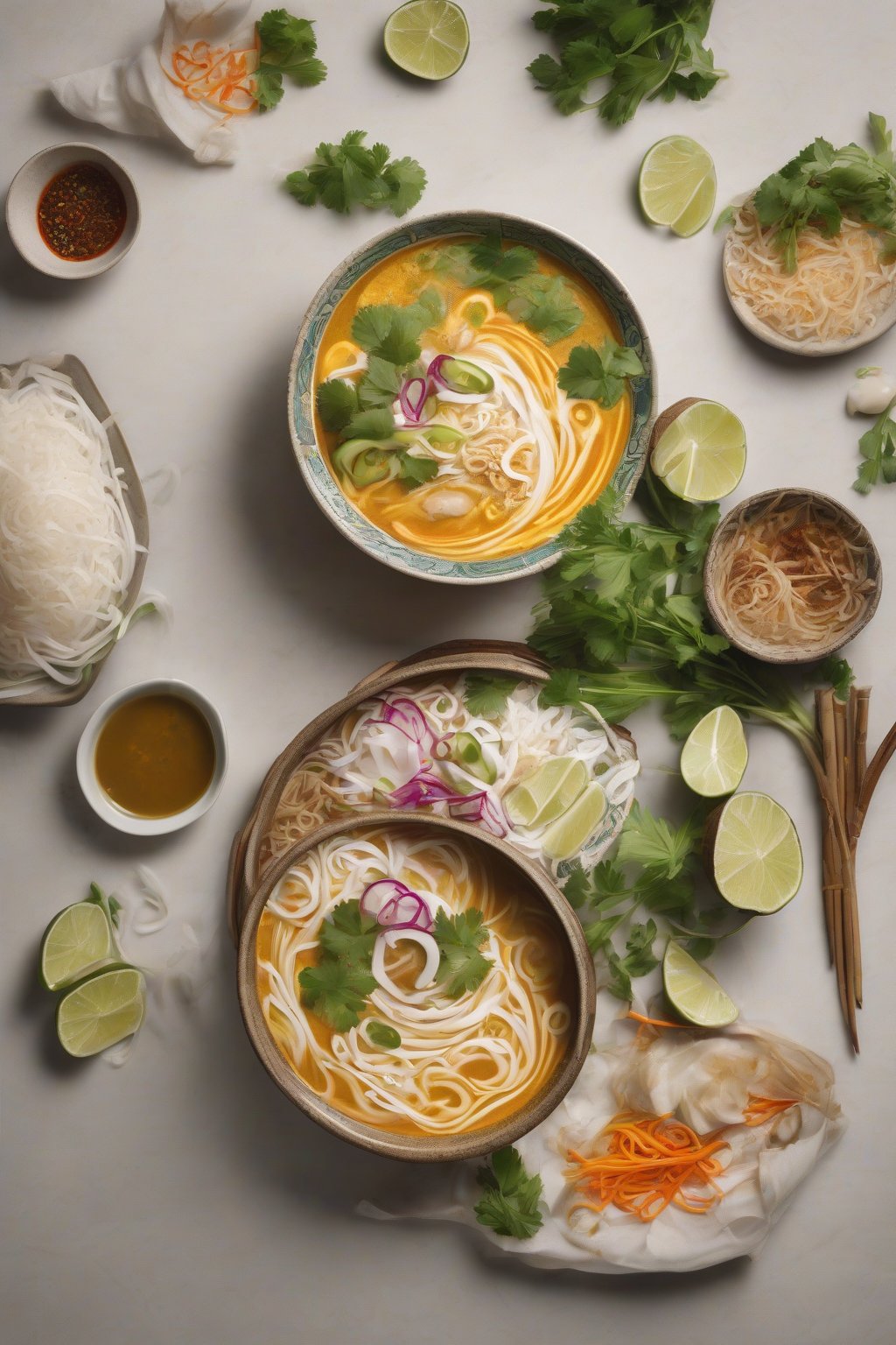 A high-resolution photo of coconut curry pho swirling with cream and curry under soft lighting.
