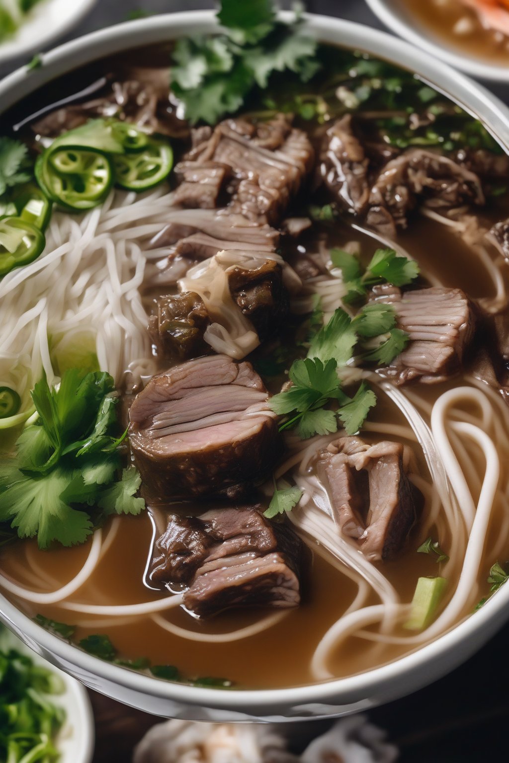A close-up photo of oxtail pho with rich, glossy broth and meaty tails under soft lighting.