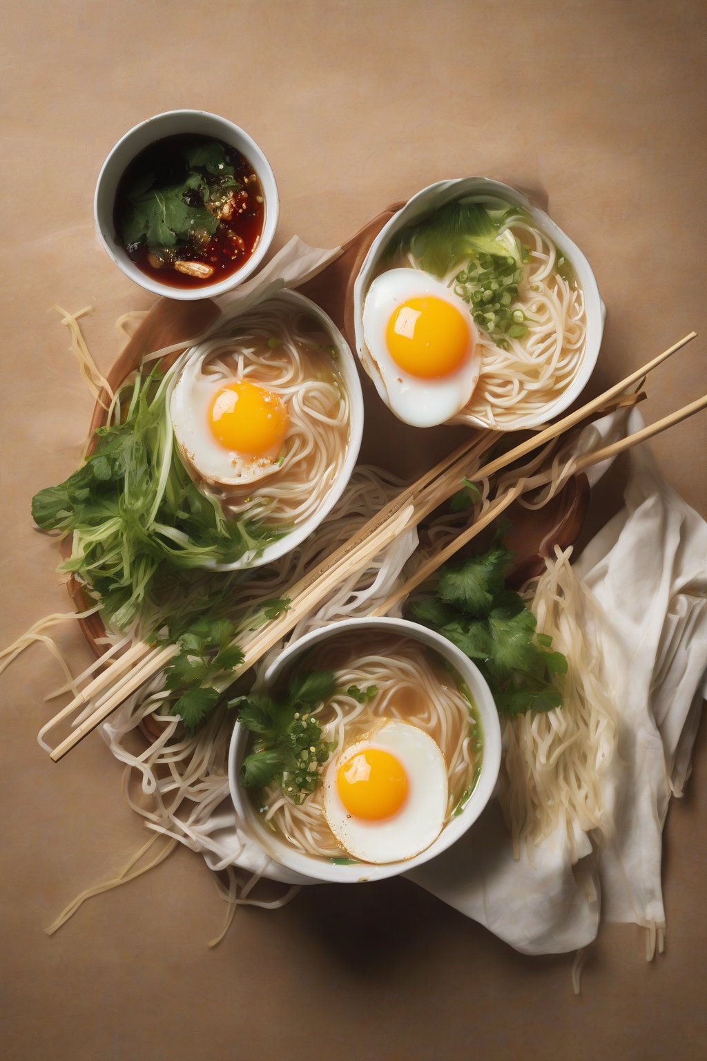A high-resolution photo of breakfast egg pho with jammy yolk breaking over noodles under soft lighting.