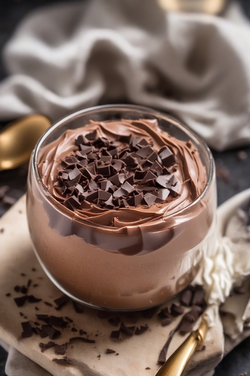 A high-resolution close-up photo of classic airy chocolate mousse in a glass ramekin, topped with chocolate shavings, under soft lighting.