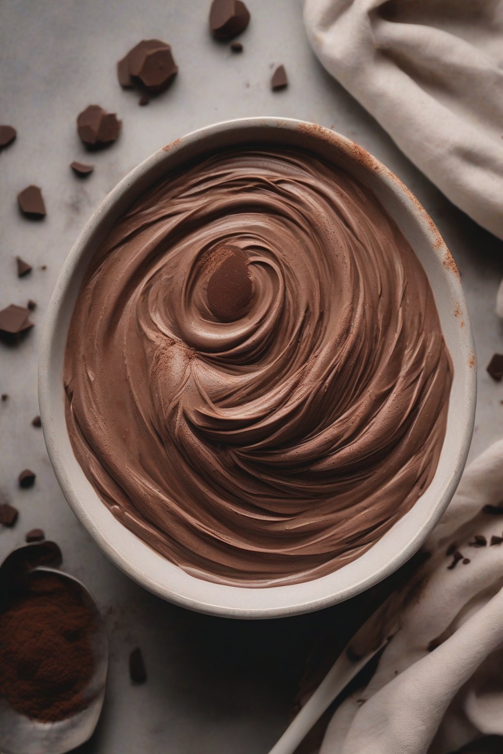 A high-resolution close-up photo of vegan aquafaba airy chocolate mousse swirled in a bowl, garnished with cocoa dust, under soft lighting.