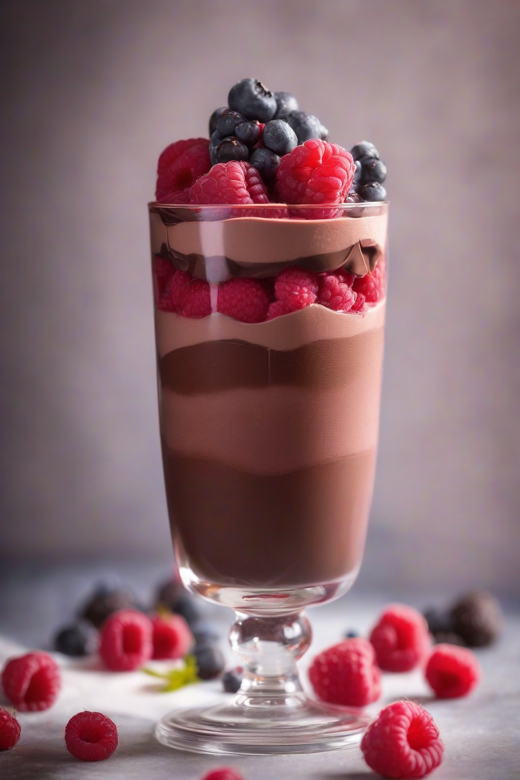 A high-resolution close-up photo of raspberry-infused airy chocolate mousse layered with fresh berries in a tall glass, under soft lighting.