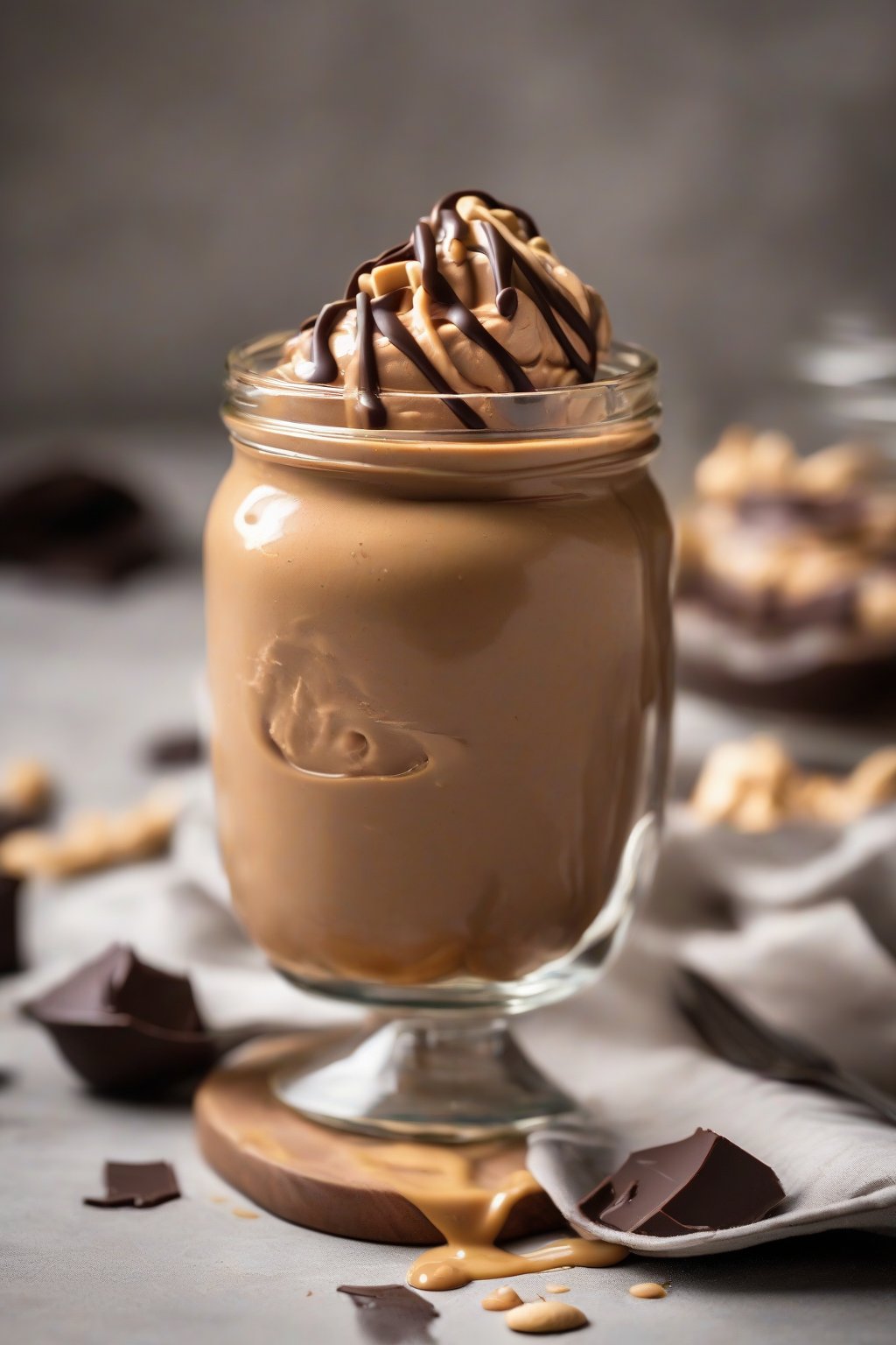 A high-resolution close-up photo of peanut butter airy chocolate mousse with peanut drizzle on top, served in a jar, under soft lighting.