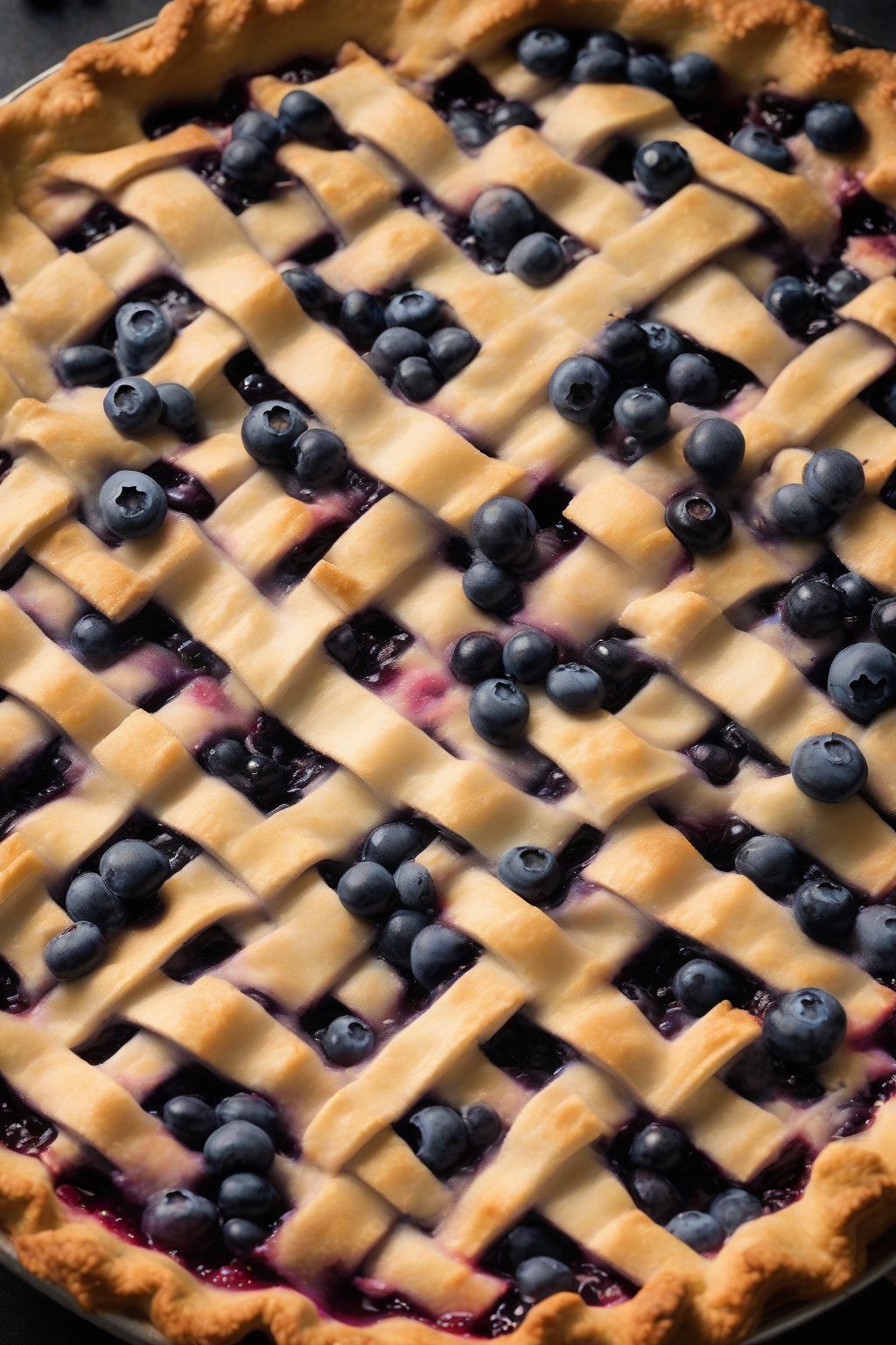 A high-resolution photo of a lattice-top vodka pie crust over fresh blueberries, ultra-flaky layers visible, under soft lighting.