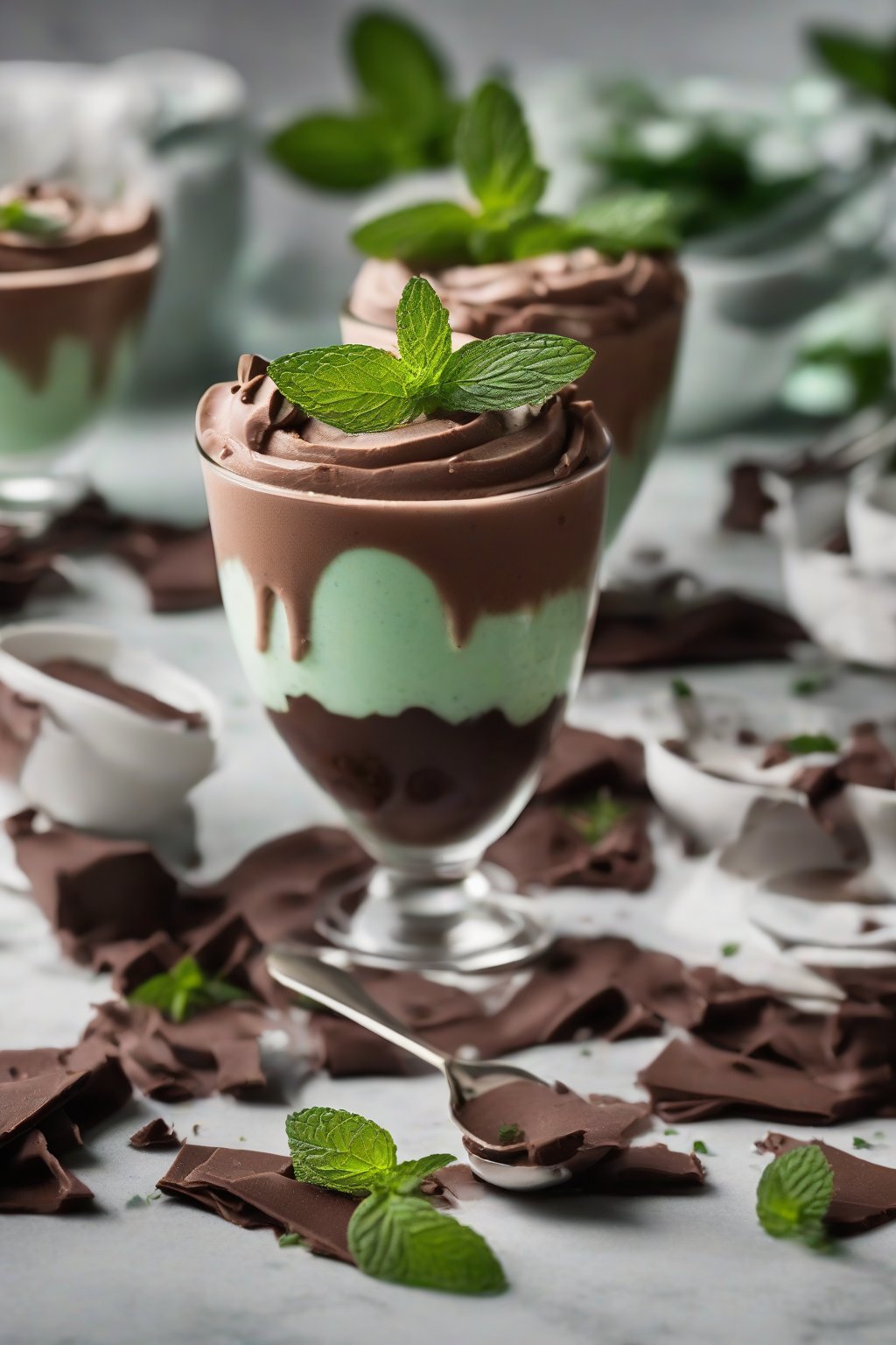 A high-resolution close-up photo of mint chocolate airy mousse piped into cups with mint leaves garnish, under soft lighting.