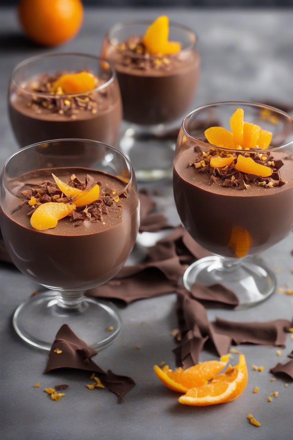 A high-resolution close-up photo of orange zest airy chocolate mousse topped with candied peel, in elegant glasses, under soft lighting.
