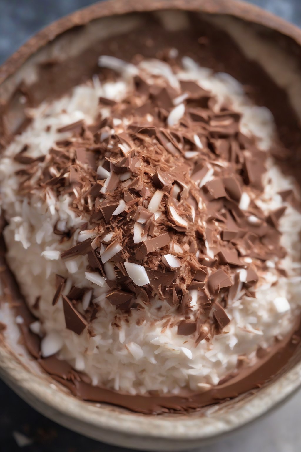 A high-resolution close-up photo of coconut airy chocolate mousse with toasted coconut flakes, in a coconut shell bowl, under soft lighting.