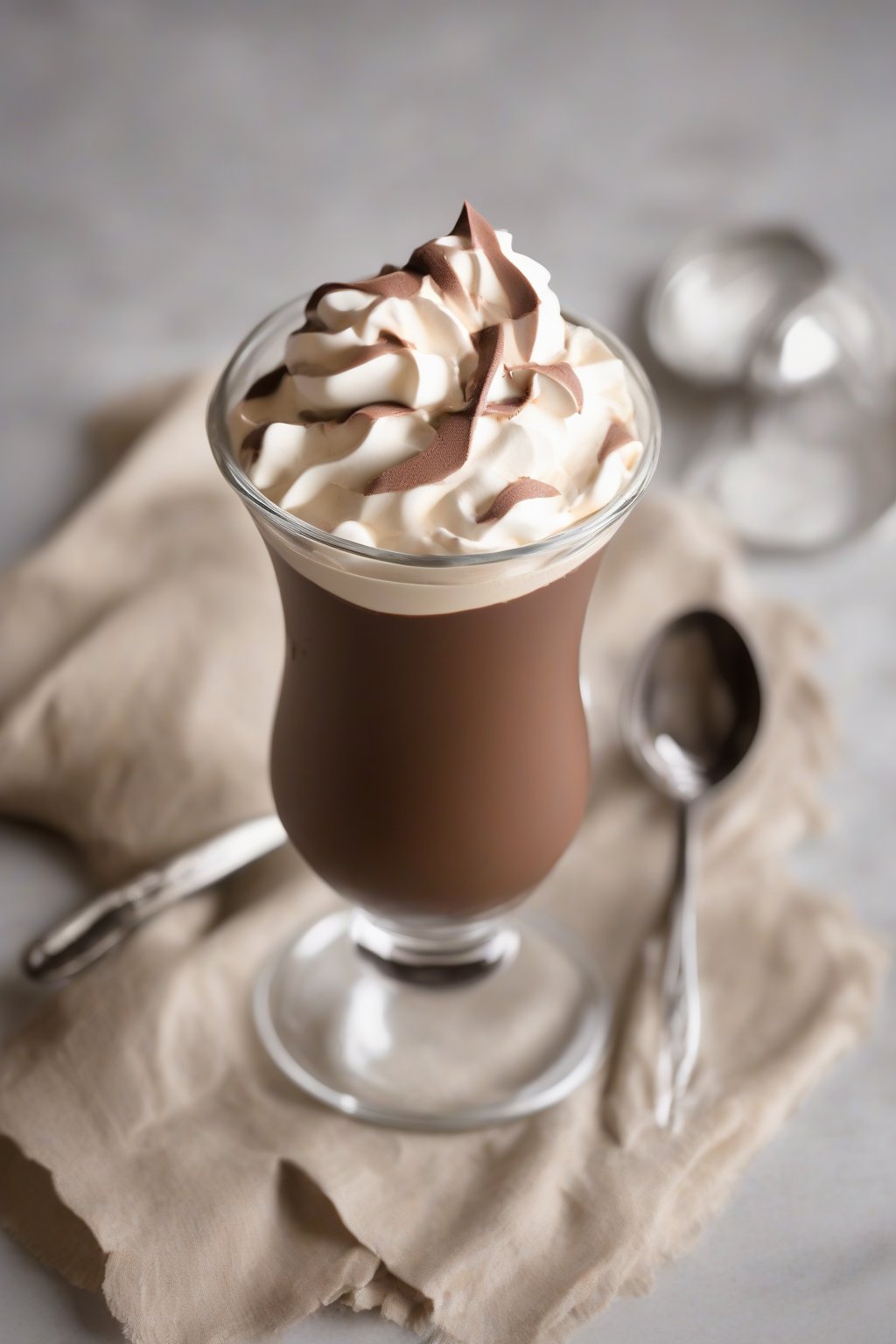 A high-resolution close-up photo of Irish cream airy chocolate mousse with cream whip dollop, under soft lighting.