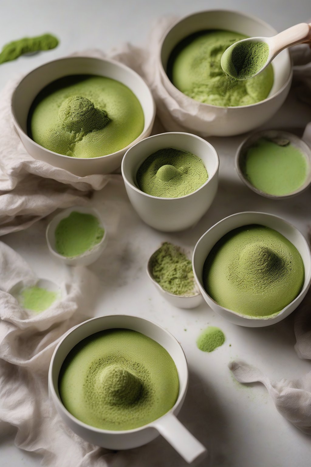 A high-resolution close-up photo of matcha airy chocolate mousse dusted with green powder, in white bowls, under soft lighting.
