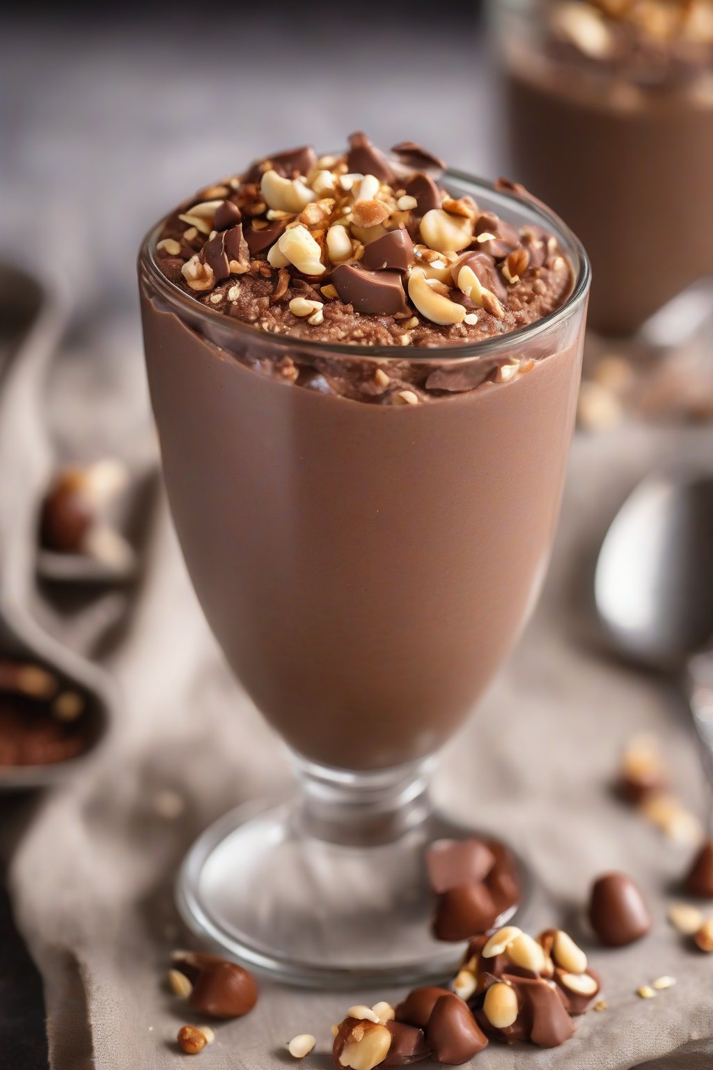 A high-resolution close-up photo of hazelnut airy chocolate mousse with crushed nuts on top, under soft lighting.