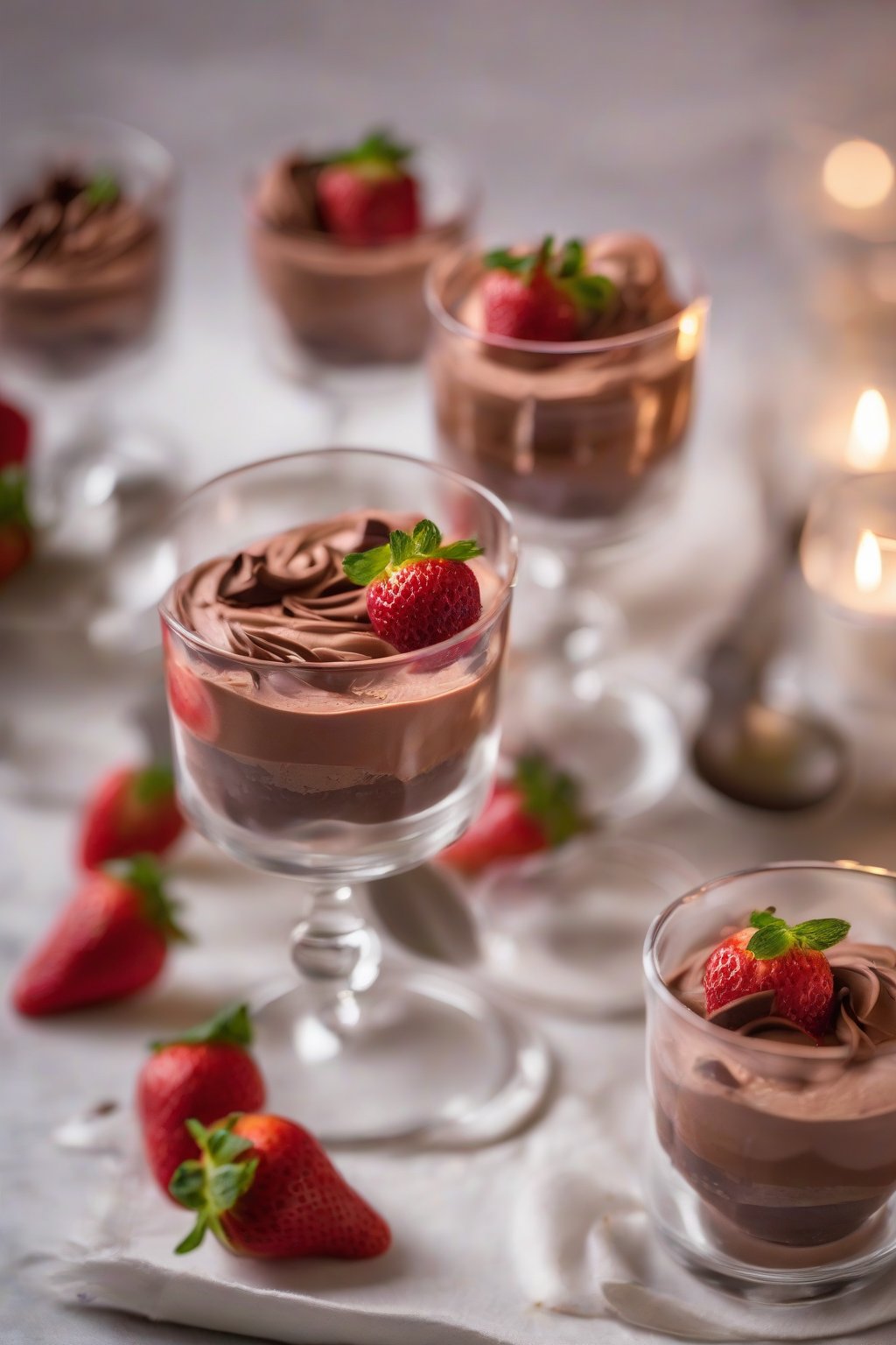 A high-resolution close-up photo of strawberry swirl airy chocolate mousse in parfait glasses, under soft lighting.