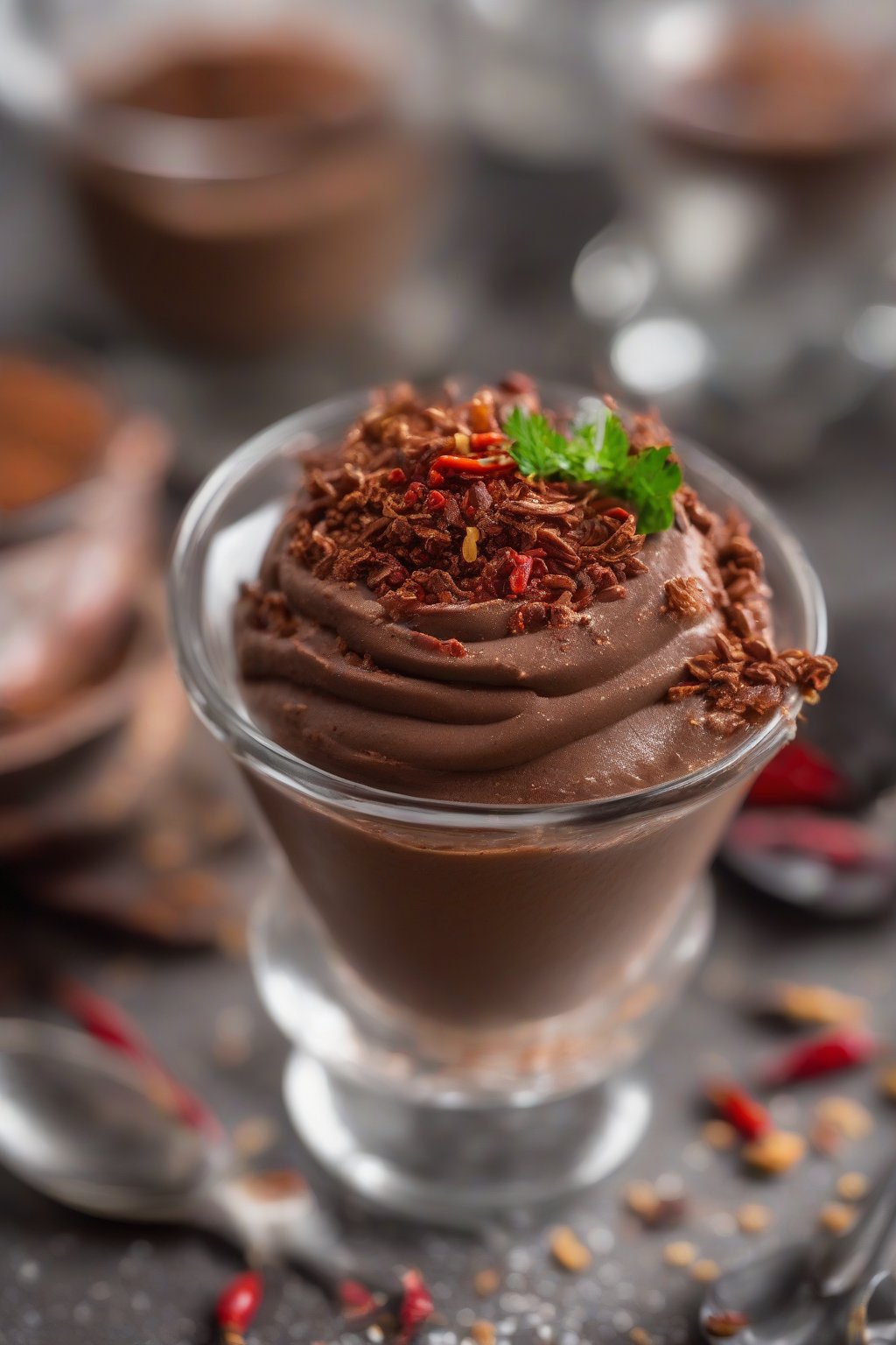A high-resolution close-up photo of spiced chili airy chocolate mousse with chili flake sprinkle, under soft lighting.