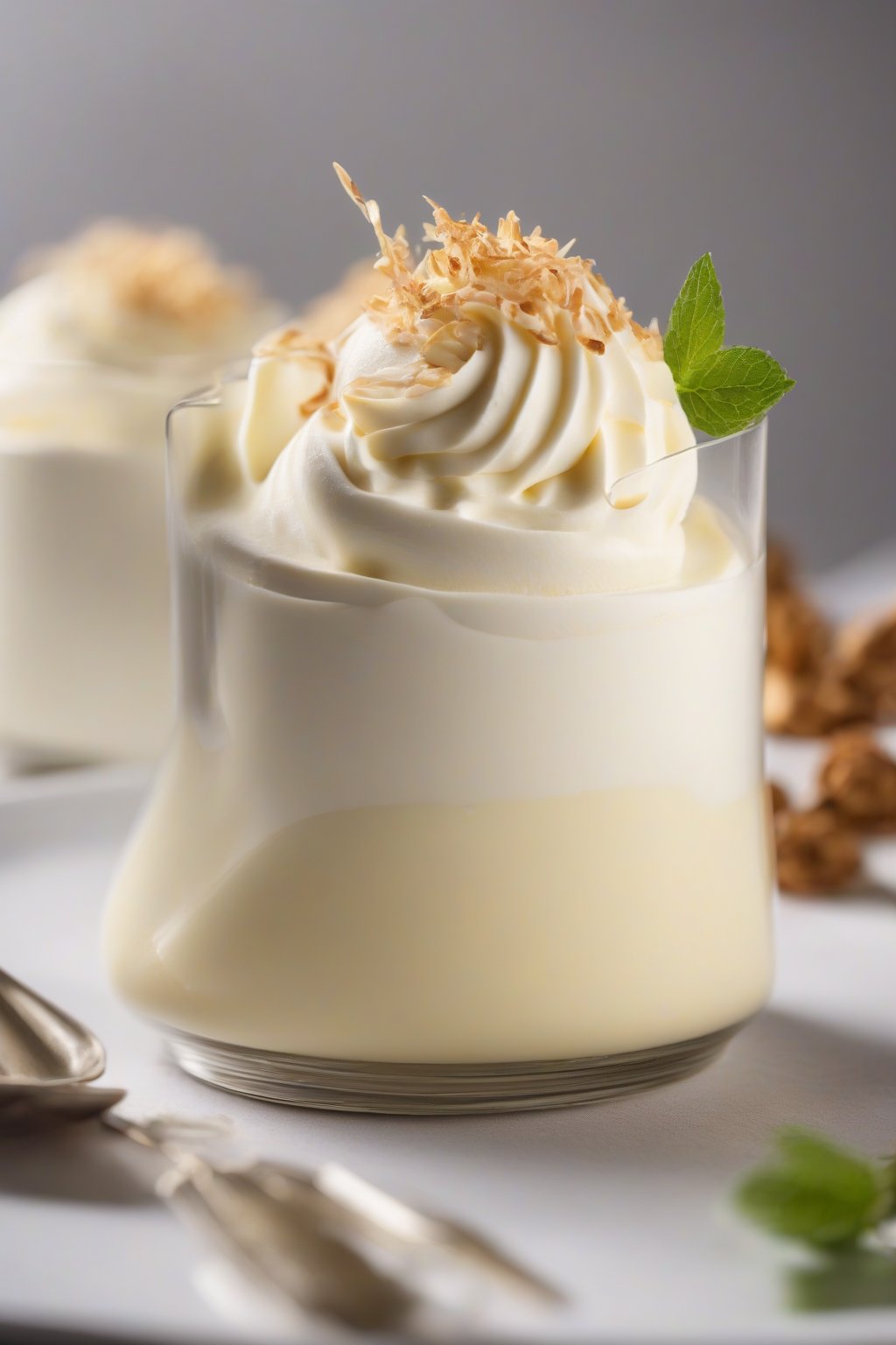 A high-resolution close-up photo of white chocolate airy mousse fluffed high with vanilla pod garnish, under soft lighting.
