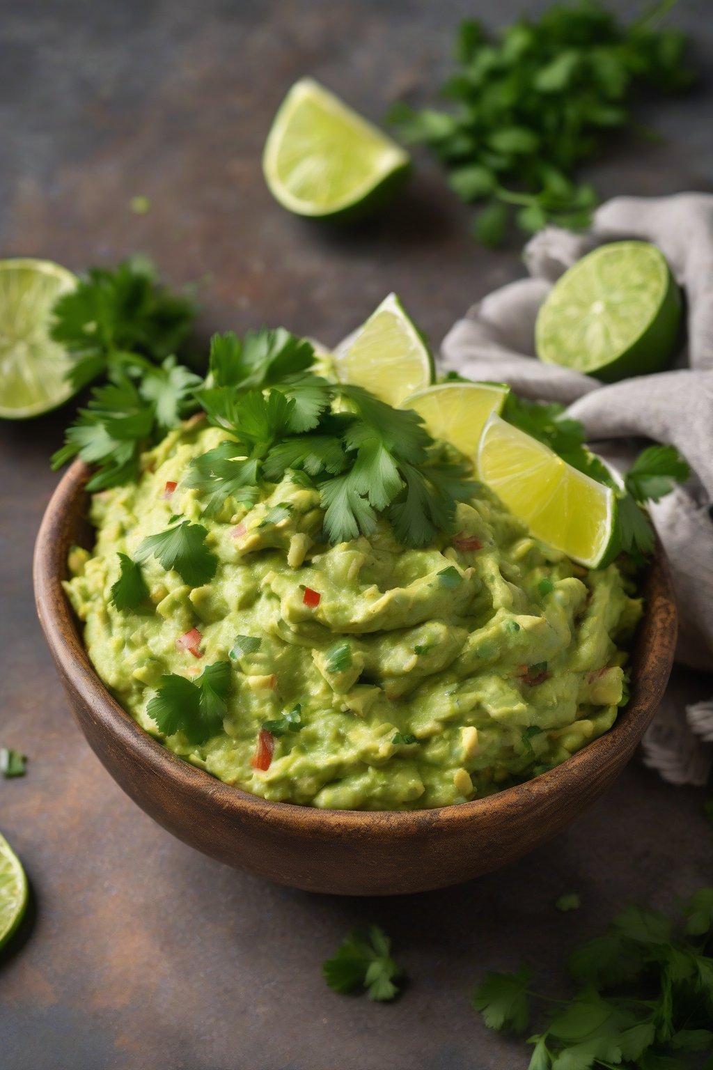 A high-resolution photo of classic zesty lime guacamole in a rustic bowl, topped with cilantro sprigs, under soft lighting.