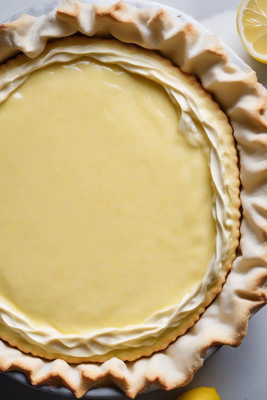 A high-resolution photo of a sour cream pie crust filled with lemon curd, flaky edges browned, under soft lighting.