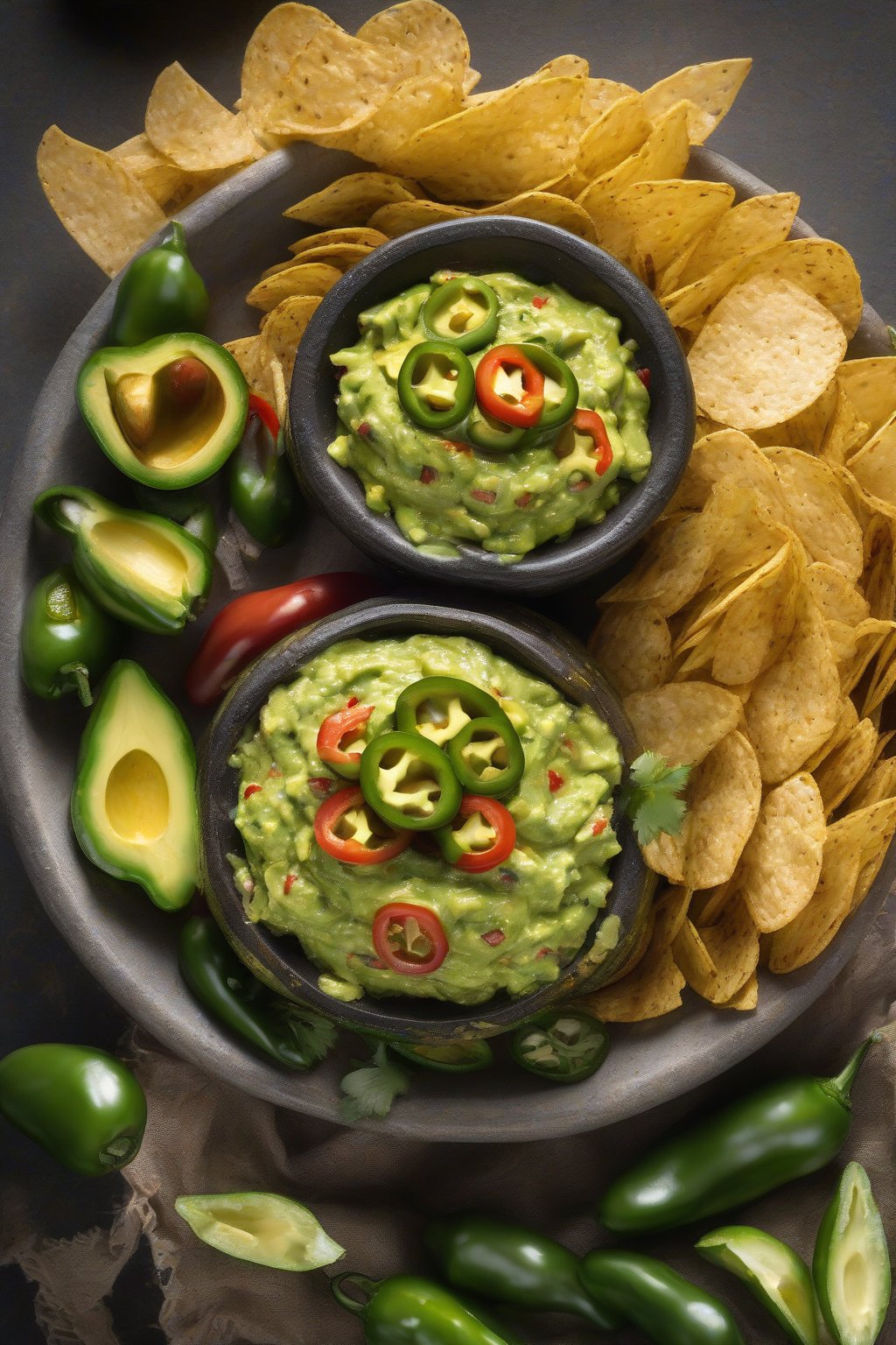 A high-resolution photo of fiery jalapeño kick guacamole garnished with sliced jalapeños, served with chips, under soft lighting.