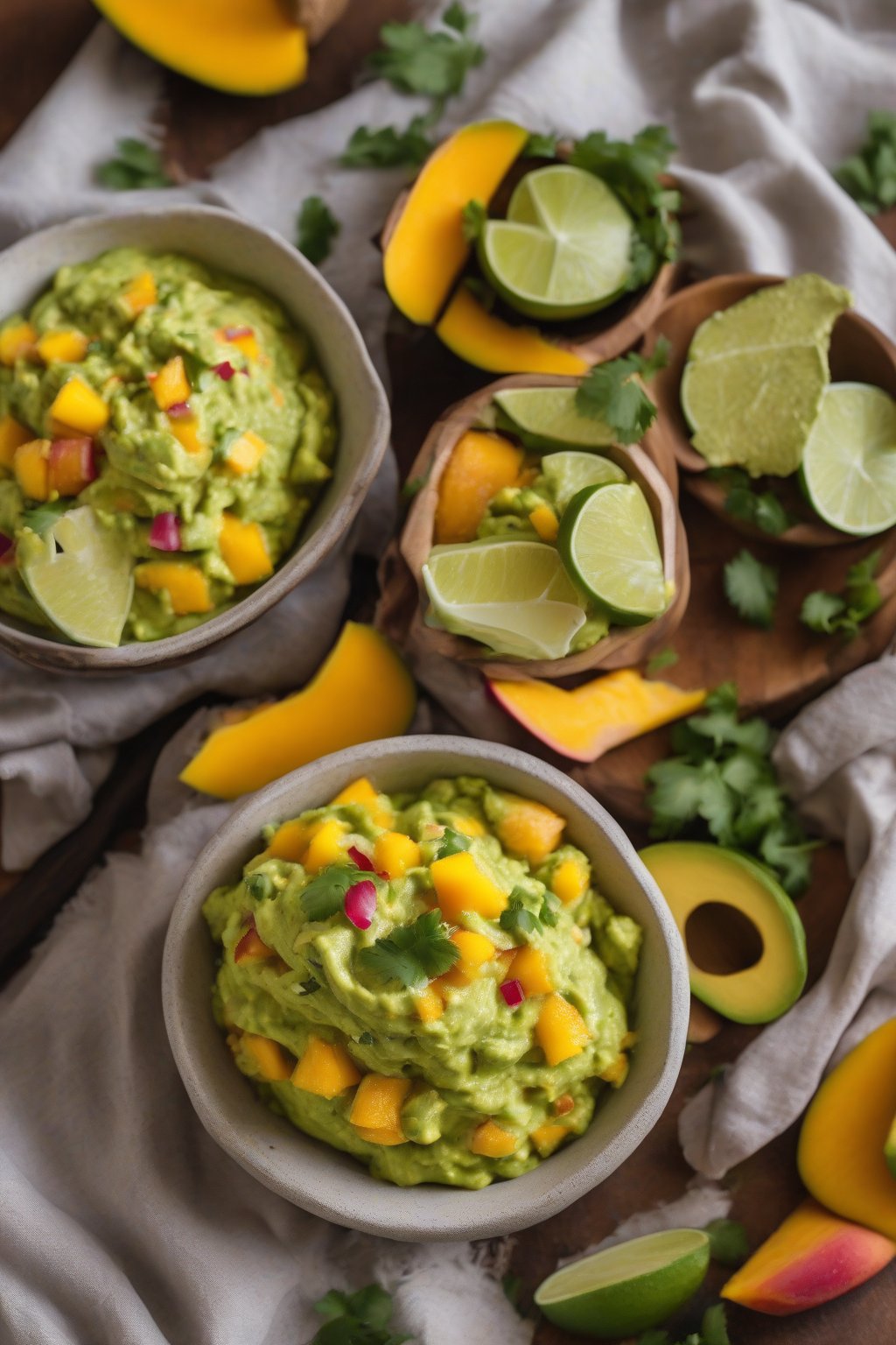 A high-resolution photo of tropical mango guacamole with visible mango chunks in a vibrant bowl, under soft lighting.