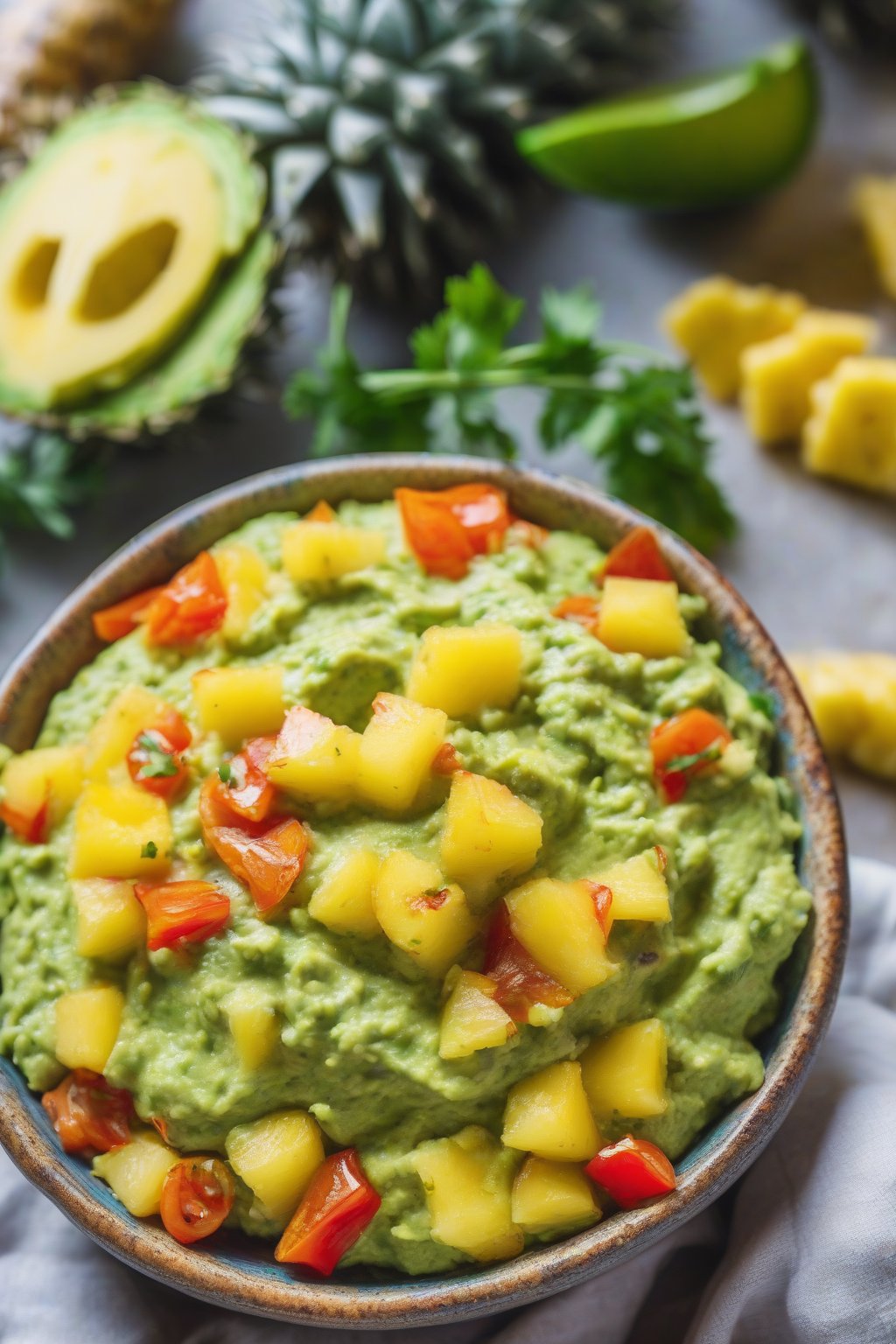 A high-resolution photo of pineapple habanero guac topped with pineapple pieces, in a colorful dish, under soft lighting.