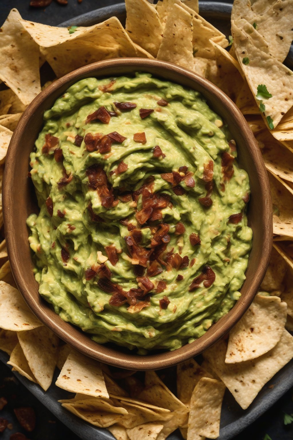 A high-resolution photo of smoky chipotle guacamole swirled with adobo flecks, beside tortilla chips, under soft lighting.