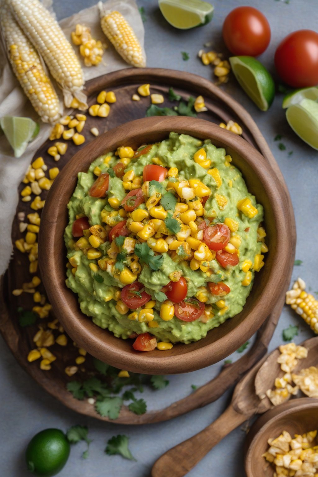 A high-resolution photo of roasted corn and tomato guacamole with golden corn bits, in a wooden bowl, under soft lighting.