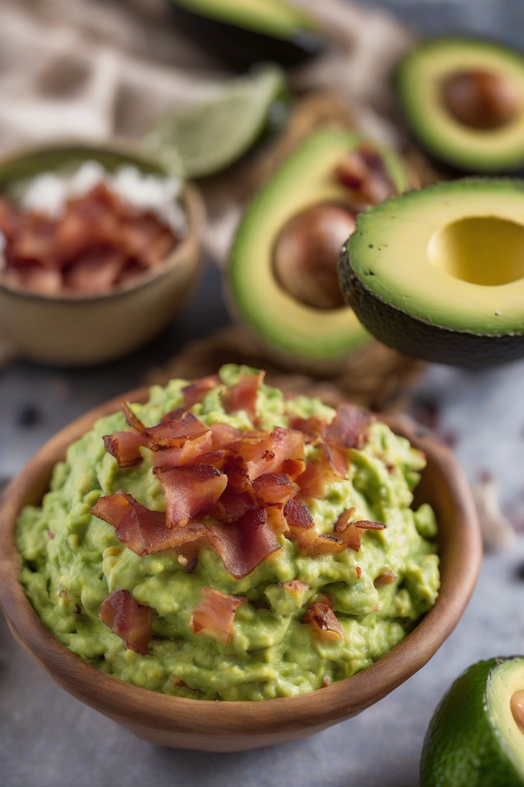 A high-resolution photo of bacon avocado bliss guacamole loaded with bacon crumbles, under soft lighting.